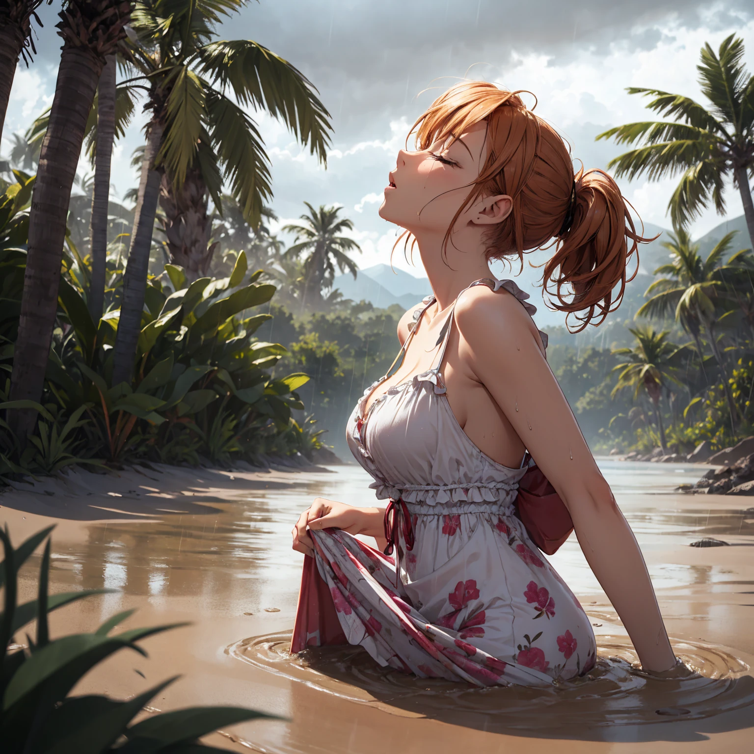 Exquisite (slim (skinny)) Girl (with a perfect, very beautiful gentle face and almond-shaped eyes) (with a southern skin tone and soft lips) (with red hair) (with freckles) (costs (waist-deep in water)) ((nude)) (with tender (small beautiful breasts)) ((with soft pink nipples)) (barefoot) In the middle of a big river ((((in an orange open shirt)) on the naked body)); ((Sunset Evening Amber Light)), (((backlighting, backlight, against the light of the setting sun, silhouette))), ((caramel soft warm shades)); (Warm summer late evening), ((Warm sunset light)); draw ((in watercolor style)); ((very beautiful exquisite face)); (High image quality, High detail), ((discreet faded shades, pale expressionless colors, imitation of film photography, diffused soft light)); ((big alien eyes), skinny); ((delicate shades)), (sfumato)