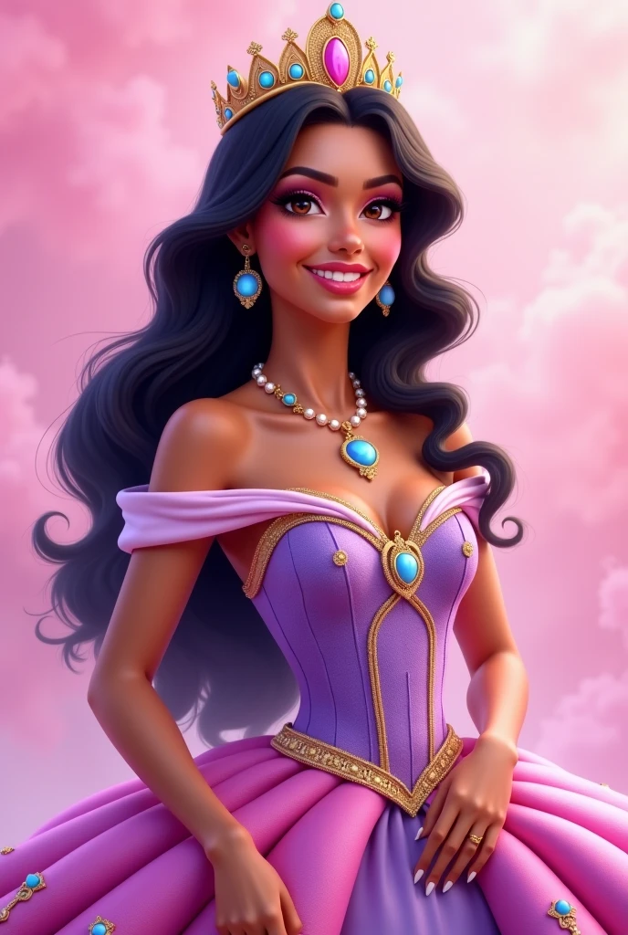 Princess Tiana in Disney-Pixar style animation, vestida com um vestido de seda roxo, cabelo preto brilhante, background an unadorned clear blue sky, sorridente, um retrato de corpo inteiro posicionado perfeitamente no centro, under cinematic lighting, inspirado em uma pintura de Artgerm , digital rendering.