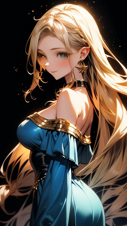 Best quality, 30yo woman, big breasts, blonde long hair, green eyes, sexy thin dark blue robes, sunset, thin fabric, upper body, sexy, angelic, flower crown, skimpy,