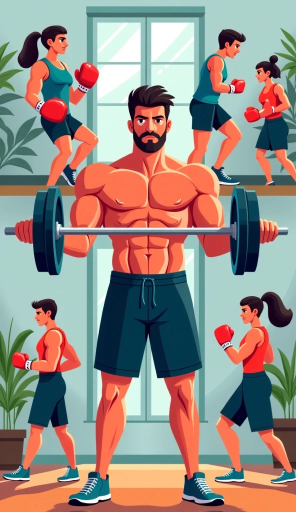 Illustrated figure lifting weights in a well-lit gym, surrounded by a motivational environment, Clean and modern, use colors in the green tone, yellow, white and black, Representing health and well-being include an image on one side of a person who does not train and has unhealthy habits and on the other side of a person who obtains results in bodybuilding training., The title of the ebook is BODYBUILDING TRAINING TECHNIQUES, must be displayed prominently and clearly, The layout should be balanced with a harmonious arrangement of visual and textual elements., creating an organized and pleasing appearance