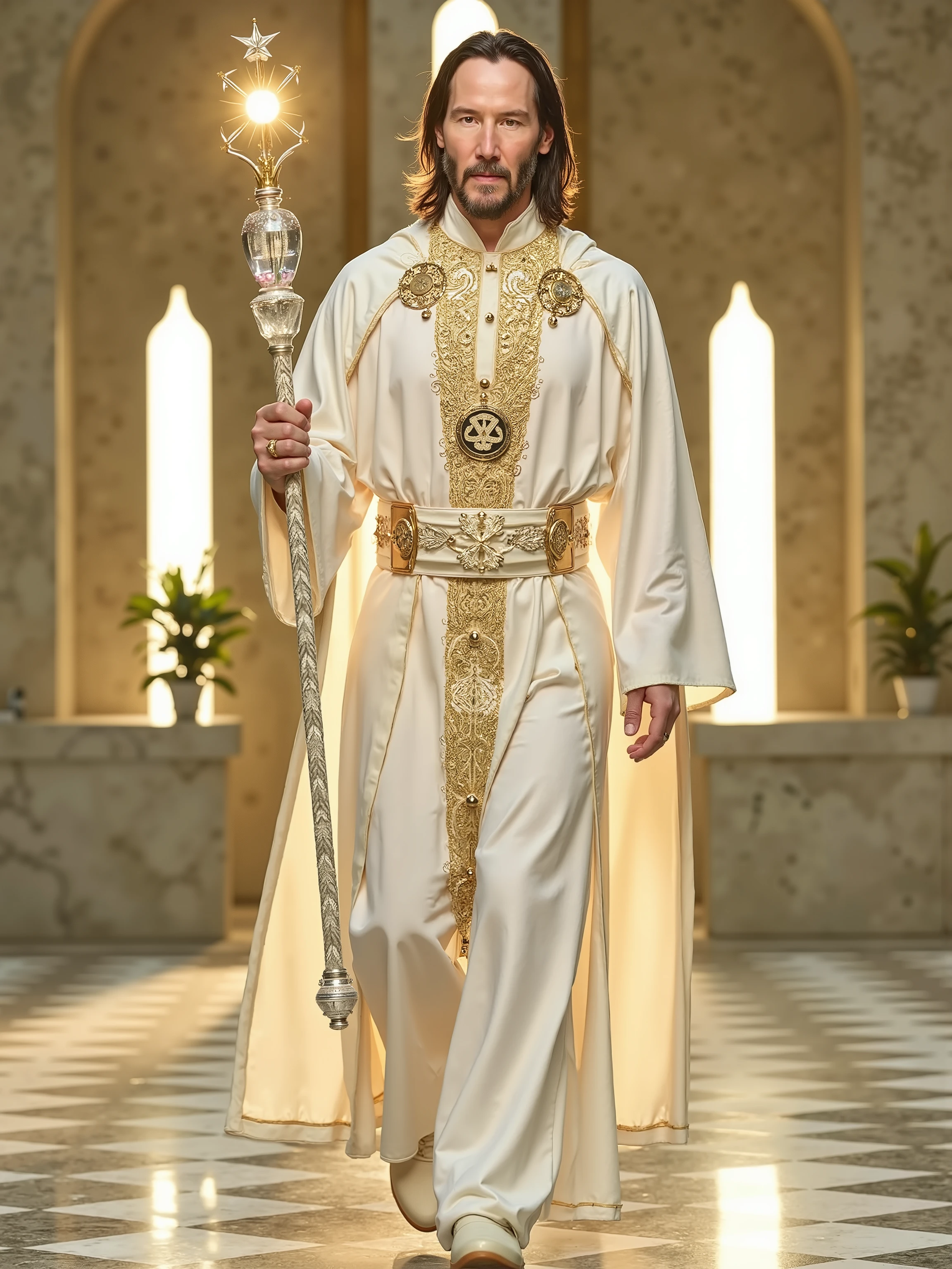 Keanu Reeves reimagined as the sacred white bishop of a chess empire, walking and holding a tall ceremonial bishop’s staff made of white gold and pearl, crowned with a stylized chess bishop symbol, 1 male, full body, serene and wise, pale skin with a soft golden glow, long dark hair gently tied back, eyes deep and calm, Clothing: elegant high-priest-like robes in layered white and pale cream silk, embroidered with golden arcane symbols and sacred geometric patterns, high collar and long flowing sleeves trimmed in gold thread, outer robe draped over one shoulder like a ceremonial stole, chestplate shaped like overlapping sunlit scales with a glowing rune at the center, belt of white leather with gold fittings and small hanging relics, Jewelry: a long crystal pendant, simple gold rings, a circlet of braided silver across the forehead, In his hands he is holding a tall ceremonial bishop’s staff made of white gold and pearl, crowned with a stylized chess bishop symbol, shows his full figure, athletic body, perfect face, full body, extremely handsome, god, male shape, perfect anatomy, the background showcases the same white-and-gold marble throne hall as the king and queen, with chessboard flooring, arched windows, floating dust motes in golden light, and sacred banners of ivory and silver, photorealistic, masterpiece, realistic, high contrast, 8k, HD, high definition, hyper detailed, realistic skin texture, best quality, very detailed eyes, dramatic lighting