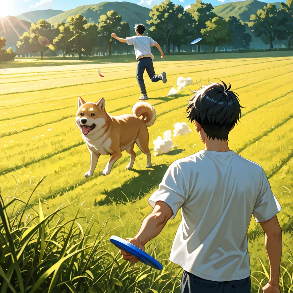 A very cute girl is running on the green grass, with a round face, a group of cute little animals are following her, and wild flowers are blooming all over the grassland.