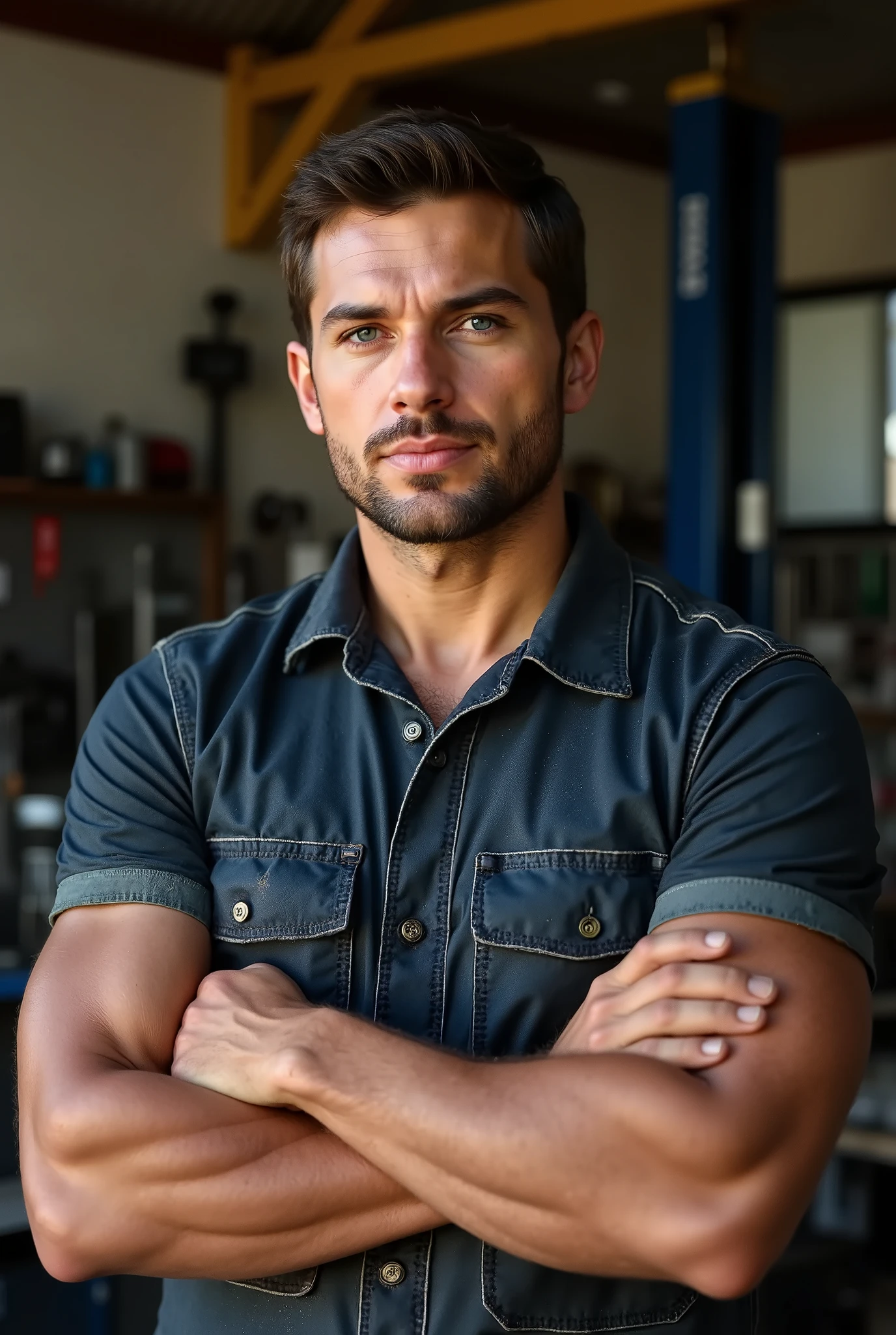 Portrait of a rugged and kind-hearted male mechanic in his early 30s, with a strong, muscular build, broad shoulders, and defined forearms. He has short dark brown hair, a bit of stubble, and a strong jawline. His eyes are calm and intense, showing quiet strength and compassion. He wears a slightly dirty navy-blue or gray mechanic jumpsuit with sleeves rolled up, revealing his toned arms with light grease stains. His hands are calloused and rough, showing years of manual labor.
