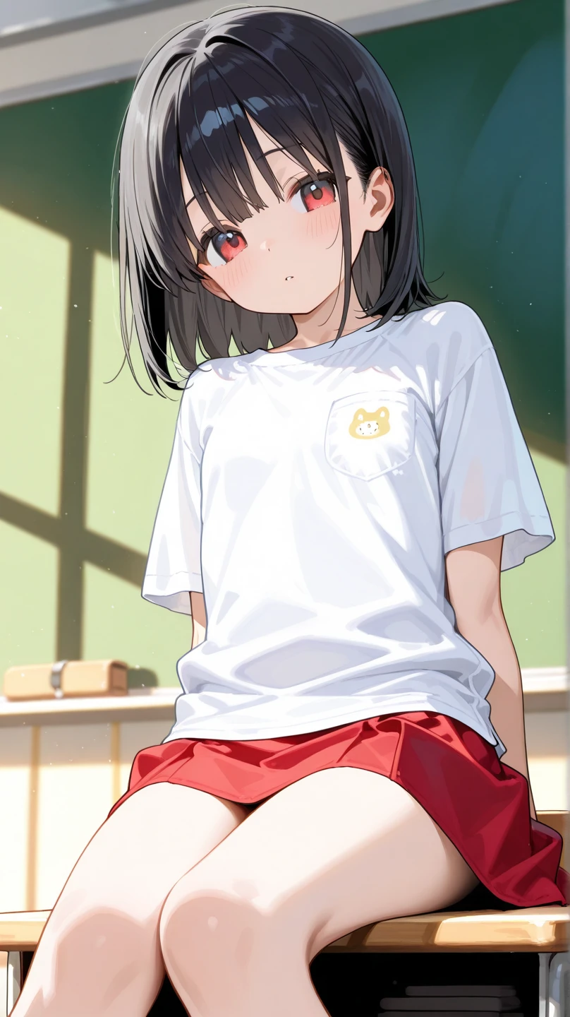 Highest quality, masterpiece, High resolution,indoor,office, Very detailed, (masterpiece), (illustration),Red eyes, Shine目,Long twin tails, brown hair, bangs, Shine, eyebrows visible through hair,((Plain white T-shirt)),((Light blue plain skirt)), Flat Chest,shy, blush, (looking to the side ),Light blue sports bra,1boy,penis in pussy,orgasm,clothed sex,