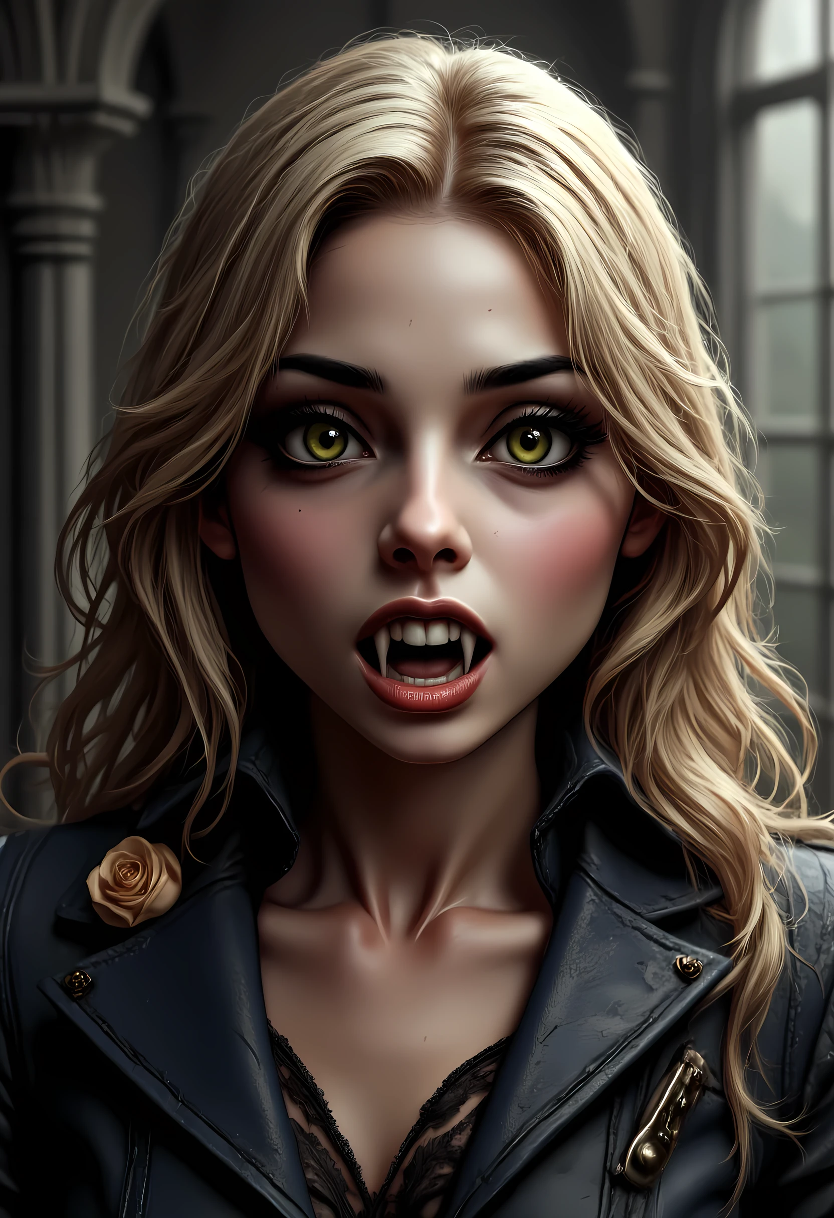 Arafed, a portrait of an vampire woman, full body shot, exotic beauty, long hair, gold hair, emerald green eyes, glowing eyes, vampire fangs, dark red lips, glamour shot, she wears an blue elegant suit, intricate suit. leather suit, small cleavage, gold rose, high heel boots, full body shot, 16k, ultra detailed, masterpiece, best quality, (extremely detailed), arafed, dnd art hyp3rd3tail style, Dracula