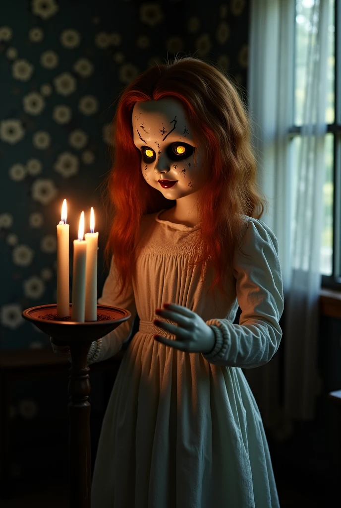 (knitted toy voodoo doll:1.6), (cursed scary voodoo doll:1.3), (clothes: torn white dress with dark blood stains:1.4), (one arm is torn off and hanging on threads:1.3), (sinister eyes and smile:1.3), (background: ghostly nursery in the dark, creepy lullabies and an atmosphere of horror and fear:1.2), best quality, masterpiece, detailed soft oil painting, detailed background, dramatic cinematic lighting, soft edge lighting, professional, dramatic lighting, hard edge lighting, ultra quality, 4k, masterpiece, best quality, 8k, ultra high definition, high resolution, extremely detailed