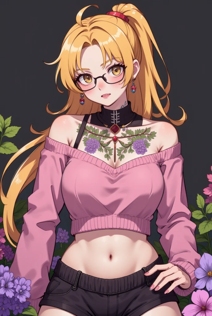 Kuroume_1024, ((shoujo-style, floral background, romance manhwa)), blonde hair, phone, jewelry, sunglasses, earrings, long hair, crop top, handbag, very long hair, hair ornament, midriff, choker, makeup, bracelet, navel piercing, miniskirt, piercing, hairclip, necklace, ring, looking to the side, brown eyes, smile, sparkle, cowboy shot, cropped shirt, blue skirt, fur trim, alternate costume, short sleeves, forehead, white shirt, standing, gyaru, glasses, fishnets, ear piercing, tattoo, fur-trimmed skirt, eyeshadow, parted lips