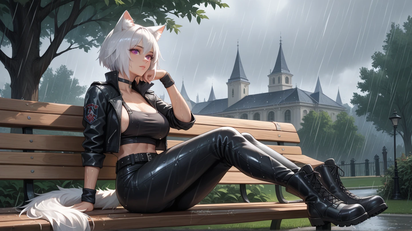 Create a detailed and highly realistic scene depicting a Horse Girl Goddess named Clarissa, appearing around 40 years old. She has long wavy gray hair styled into a ponytail, a small horse nose, and two horse ears. She has horse-like features and a humanoid appearance, with a perfect face that includes a beauty mark and soft skin, featuring light black and dark shades. She has very large breasts and a large butt, wearing an extremely tight black jumpsuit with a deep neckline and revealed shoulders, exuding confidence and allure. Clarissa is sitting on a bench in a park, exuding a serene yet captivating presence. Her posture is relaxed, with one leg crossed over the other, and she has a provocative and playful expression on her face. The background should be lush and green, with the morning sun casting a warm glow, enhancing her serene yet powerful aura. The entire scene should be in an oil painting style, with an 8k resolution to capture the essence of a masterpiece.