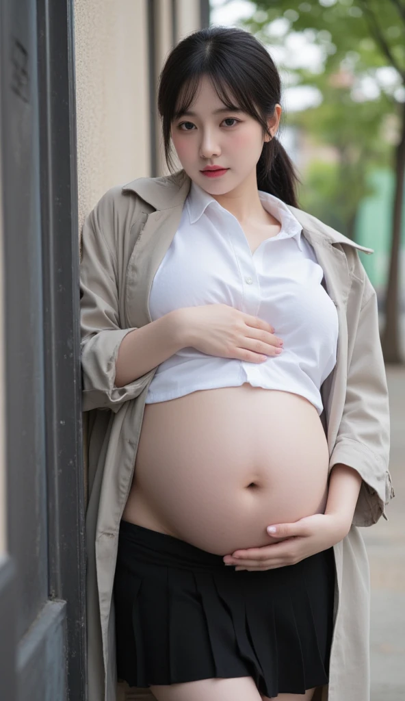 The pregnant woman puts her hand into her genitals,The is a loving tattoo,Love tattoo on the stomach