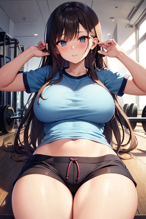 1boy 1girl bangs blue_buruma blue_eyes blush breasts breasts_out brown_hair buruma buruma_aside censored clothed_sex clothes_lift clothing_aside collarbone cowgirl_position girl_on_top gym_shirt gym_uniform hetero indoors lips looking_at_viewer medium_breasts mosaic_censoring navel nipples no_bra parted_lips penis pussy sex shirt shirt_lift short_sleeves spread_legs squatting_cowgirl_position straddling teeth twintails upper_teeth_only vaginal white_shirt