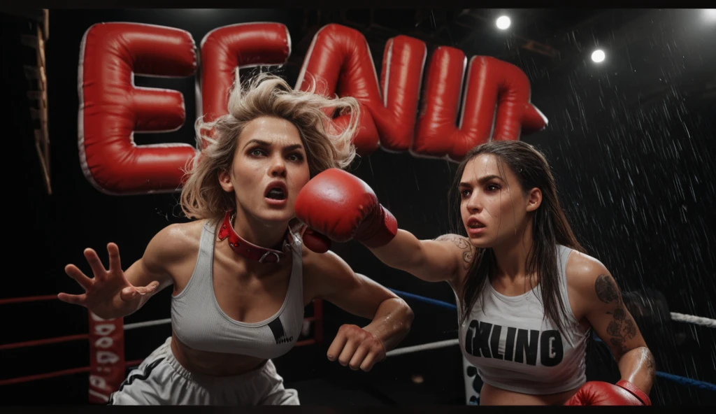 Two girls fighting, one redhead, the other blonde, tight black sleeveless T-shirts, choker, leather shorts, a lot of tattoos, evil looks, long bangs, dark and gloomy atmosphere, seriousness, a fight between girls, European girls, girls wet and sweaty, knives, blood on the face, death in the frame, mortal combat, fight to the death, one girl is wounded in the stomach
