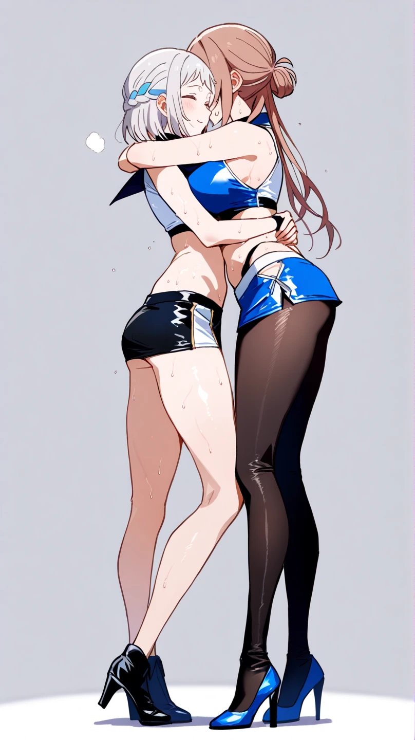 Two women sitting hugging each other on a bench.  The background is a corner of a boxing gym. Sports Bra, leggins, Resting, Sweat,Palpate the crotch,Futanari,caress,Erotic development