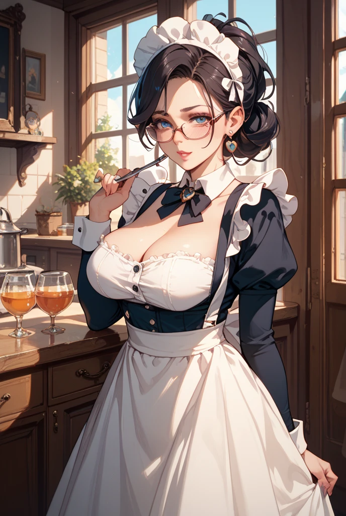 (64k, RAW photo, highres, best quality, masterpiece:2.0), (ultra-fine depiction of the detail:2.0), (realistic, beautiful, photo-realistic:1.3), 1girl, (yuri alpha), (long black hair, slightly messy), (diagonal bangs), (single braid bun, double bun), (shiny black hair, blue-gray eyes),(cool glasses), (gothic style vivid blue choker), (blue bowtie and ribbon) (simple but high-quality maid dress), (elaborately designed, vivid dark emerald green, spiked gantlets), (solemn maid dress with gothic style coreset), (huge breasts, sexy cleavage), (elegant and handsome woman), (shiny skin, pink lips), (looking at the viewer), (closed mouth, a faint smile), (at a quiet bar counter, filled with solemn atmosphere), (highly sophisticated professional HDR, with effective ambient occlusion, perfectly optimized effective spot light and front light:1.8), (perfect, natural, harmonious composition), (photo-realistic, ultra-detailed:1.5), ((portrait:1.6)), she is about to say to the guest, "what would you like to drink sir?"