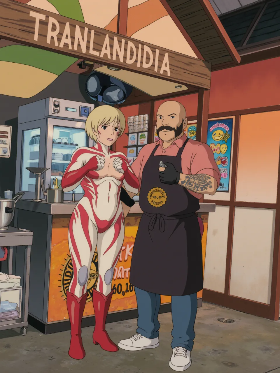 DeunanKnute, 1girl, robot partner, Briareos, (red hawaiian shirt:1.2), upper body, (profile:0.2), at the tiki bar, holding a beer, happy <lora:DeunanKnute002:0.8>