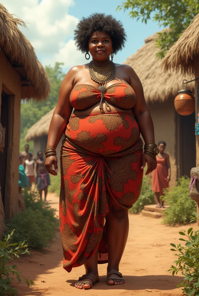A rustic African woman, middle-aged and overweight, totally naked, is standing tall with his staff in a savannah