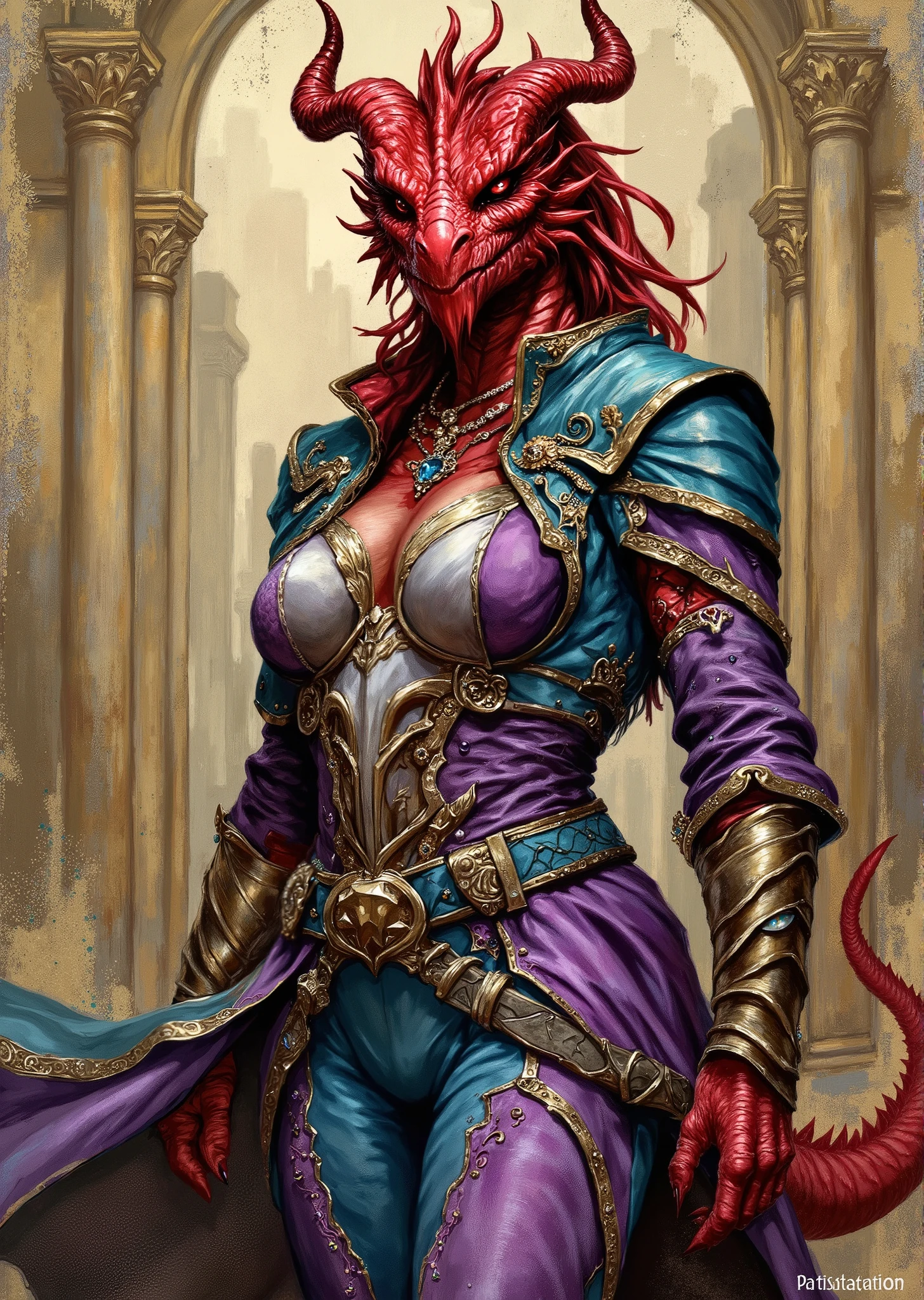 An extremely detailed comic book illustration of an extremely curvaceous Chromatic Red Dragonborn from Dungeons and Dragons which look like wingless bipedal dragons scaly bright-eyed and thick-boned with horns on their heads with red coloration trained as a Bard following the College of Dance from dungeons and dragons who invoke magic through music dance and verse and are masters of soothing hurts disheartening foes and creating illusions who wield remnants of the Words of Creation which still resound and glimmer on every plane of existence wearing a vibrant and eclectic outfit that conveys a sense of flamboyance and charisma with a form fitting vest richly adorned in gemstones featuring intricate patterns and embellishments worn open at the front to reveal a light flowing semi-sheer blouse that clings to her massive breasts underneath a flowing jacket with wide sleeves over the vest with a slightly longer back and is trimmed with ornate designs adding to its dramatic flair sporting various accessories including a decorative brooch on the left side of her chest which adds a touch of elegance and additional metallic details such as decorative beads along the sleeves and collar enhancing the overall opulence of the outfit over fitted trousers that are embellished with intricate designs and patterns which are tailored to fit snugly emphasizing her extremely long legs with metallic accents which tie in with the overall theme of luxury in an art style inspired by Frank Miller and Conan the Barbarian. The entire outfit is not only functional but also serves as a statement of individuality and flair, emphasizing the character's dynamic presence and charisma. The Background is awash in textured brushstrokes of metallic tones with pops of color in flashy gemstone shades. Standing in a dynamic action pose. Trending on Art Station.