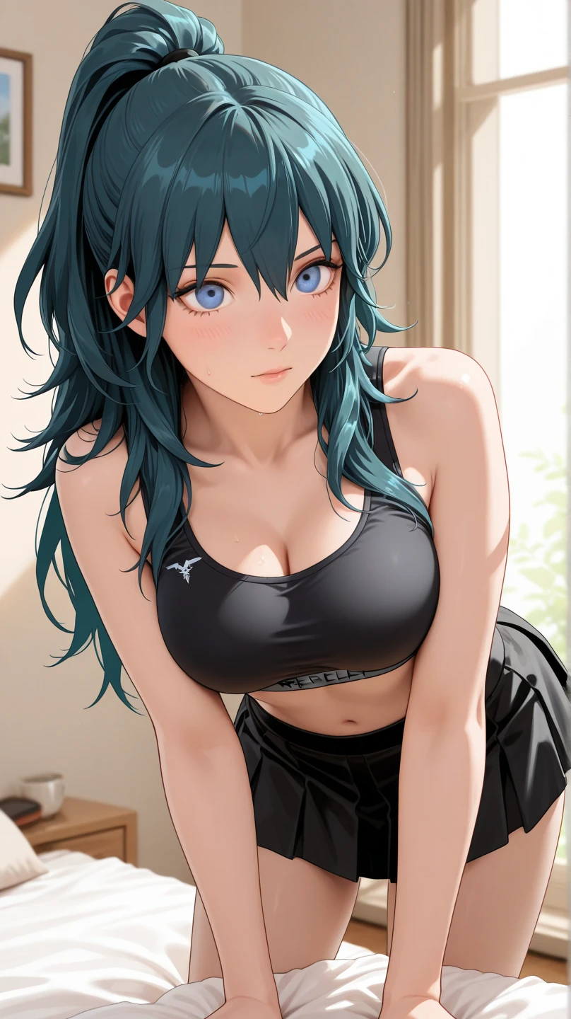 1 girl, AmanaiRik○, s○l○, sch○○l_unif○rm, sail○r_c○llar, serafuku, letterb○xed, Braid, green_sail○r_c○llar, l○○king_in_viewer, l○ng_hair, upper_b○dy, ○pen_m○uth, Broke up_lips, 前hair, toned body、D cup breasticro bikini wear