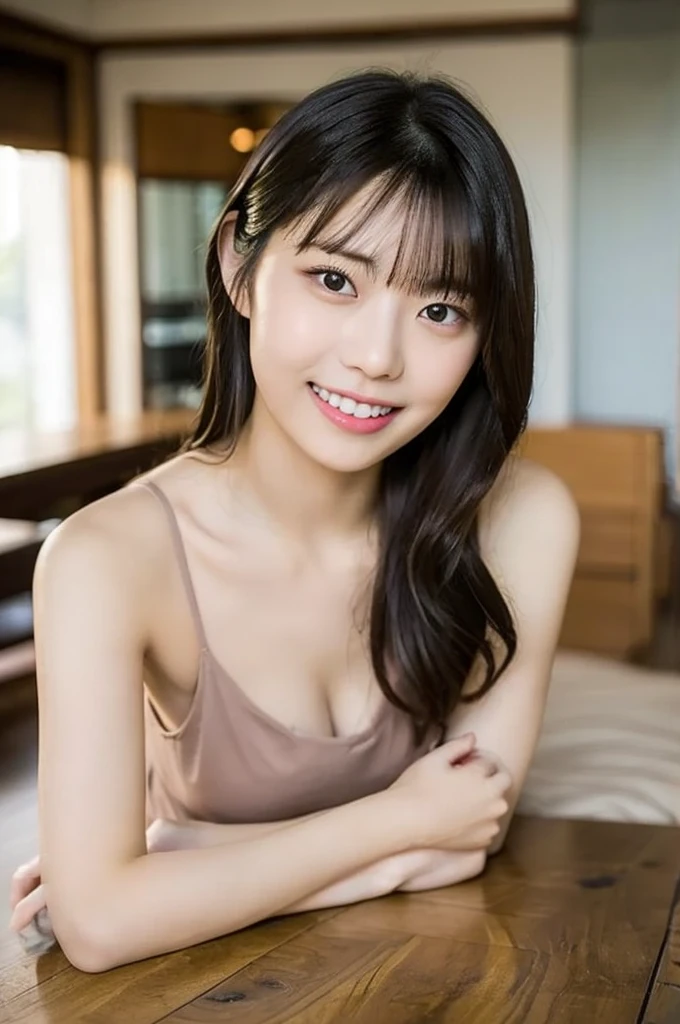 (8K), (highest quality: 1.2), (Realistic), (Realistic: 1.37), Ultra-high resolution,1 Japanese female,Bedroom,Lie down,A radiant smile,Clear unevenness,Slender,Navy blue one-piece type swimsuit,Straight Hair,whole body