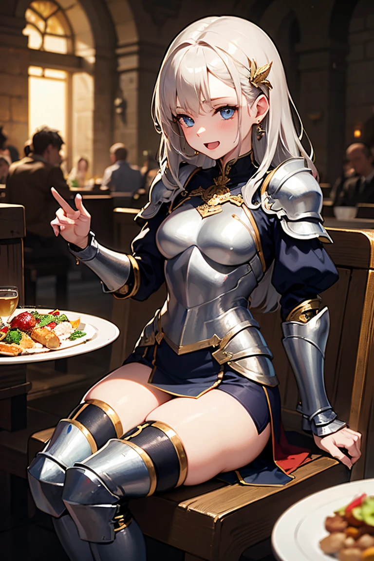 Female Knight、Beautiful girl、Huge 、Great style、Nice body、glamorous、leotard、armor、ブラジャー胸部armor、Knee Boots、Gauntlet、hair ornaments、Silver Hair、Long Hair、Ahoge、、standing、The whole body is visible 、Medieval city、Sitting in a chair、Crossing your legs、close your eyes、Open your mouth a little、Laughter、