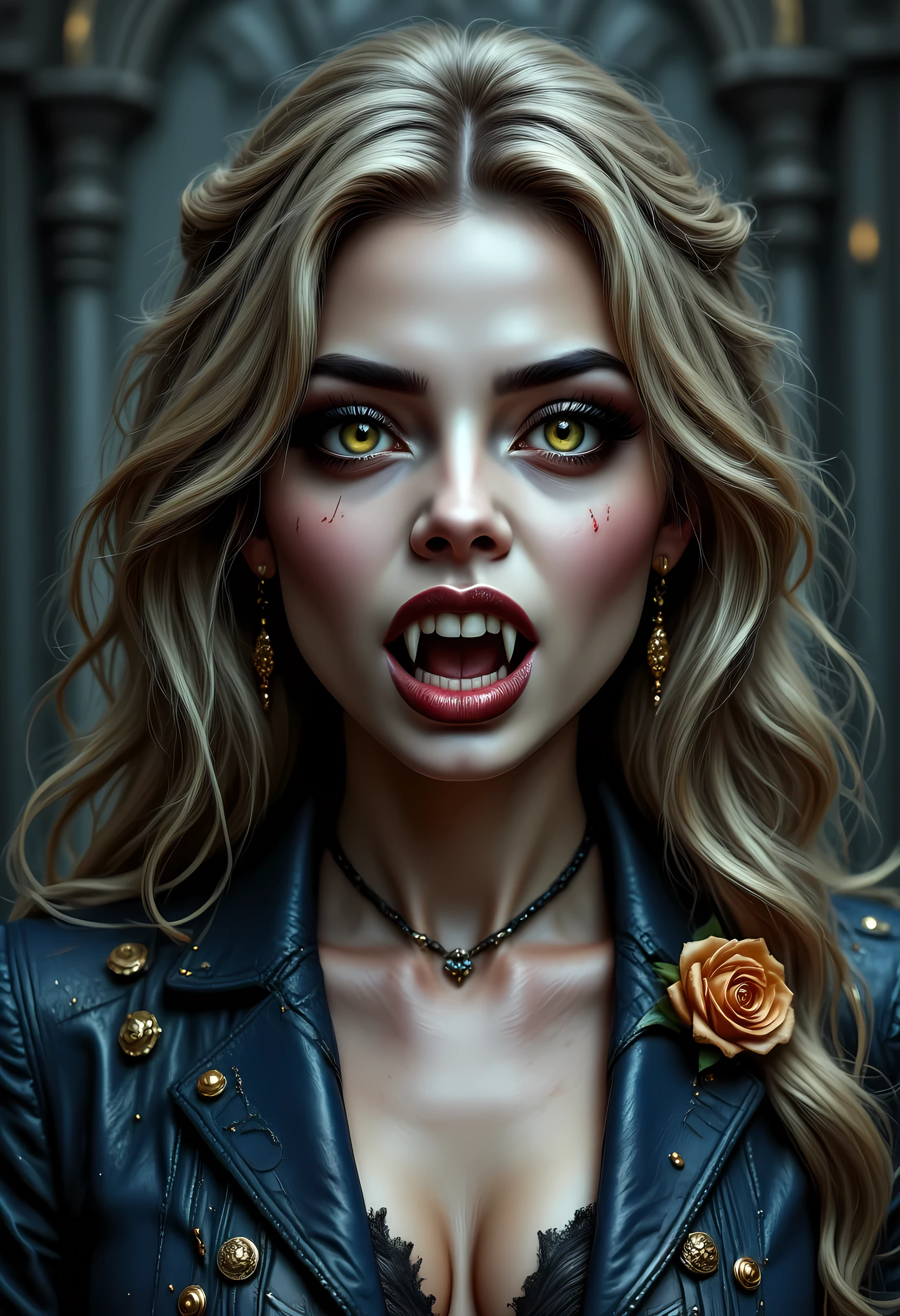 Arafed, a portrait of an vampire woman, full body shot, exotic beauty, long hair, gold hair, emerald green eyes, glowing eyes, vampire fangs, dark red lips, glamour shot, she wears an blue elegant suit, intricate suit. leather suit, small cleavage, gold rose, high heel boots, full body shot, 16k, ultra detailed, masterpiece, best quality, (extremely detailed), arafed, dnd art hyp3rd3tail style, Dracula