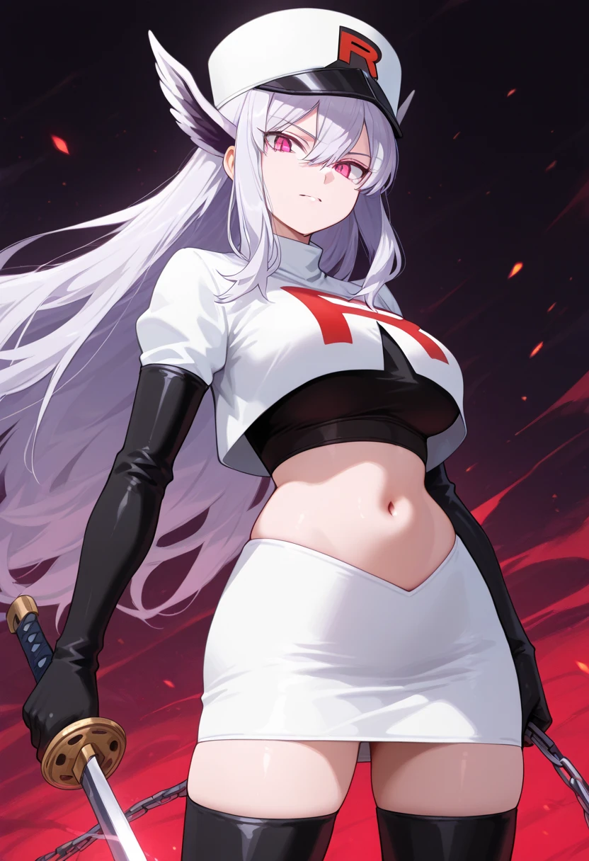 very long hair, red eyes, accelerator (toaru majutsu no index), white hair, shirt, girl:1.3, massive breasts, wide hips, outdoors, lake, upper body, torn clothes, massive hips