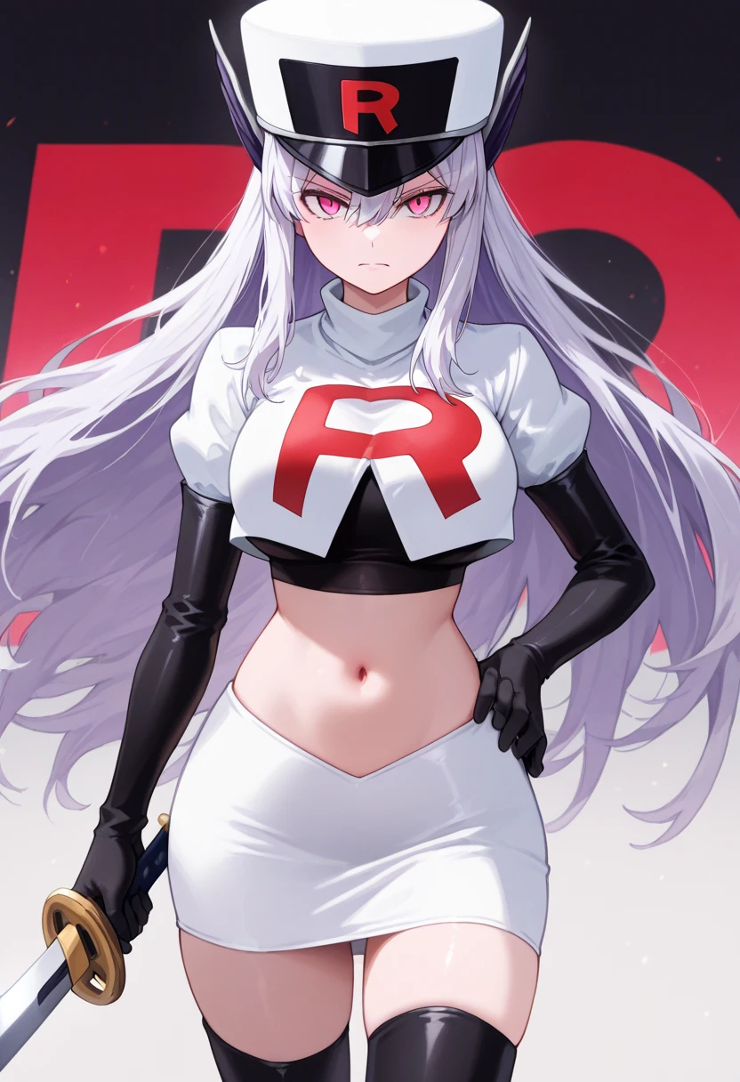 1girl, breasts, cowboy shot, floating hair, glasses, hair ribbon, large breasts, shiny, shiny hair, solo, white ribbon, team rocket,team rocket uniform,white skirt,red letter R,crop top,black thigh-highs,black elbow gloves