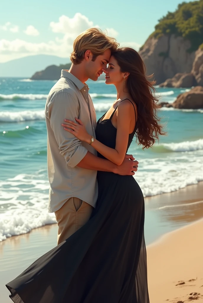 A sexy lady in her mid 20s, kissing a young boy of age around 20 in a heavy raining in the middle of a wide seashore filled with grass.