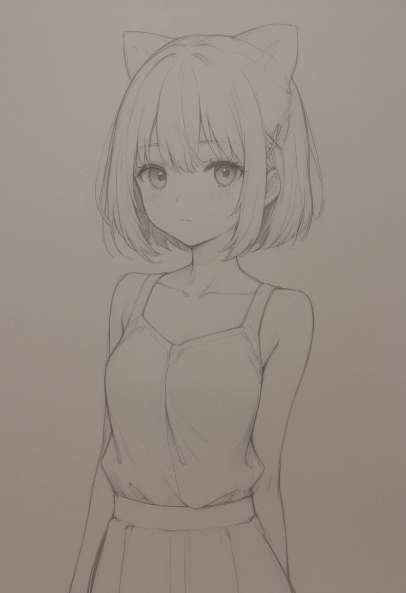 masterpiece, best quality, <lora:SakuraVRC:0.4>, SakuraVRC, 1girl, solo, short hair, red hair, green eyes, embarrassed, shy, smile, closed mouth, strapless dress, sketch, monochrome, greyscale, <lora:abaraHeikiSketchesArt_alpha:1>