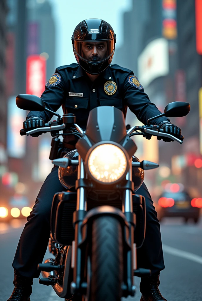 (Cinematic scenes, Ultra-detailed, Extremely detailed, Best Quality, hard disk, Wide Shot, Realism, Natural colors, Boy, 8years old, Wearing a police uniform, Solemn and detailed facial features, motor cycle, Best Illumination)