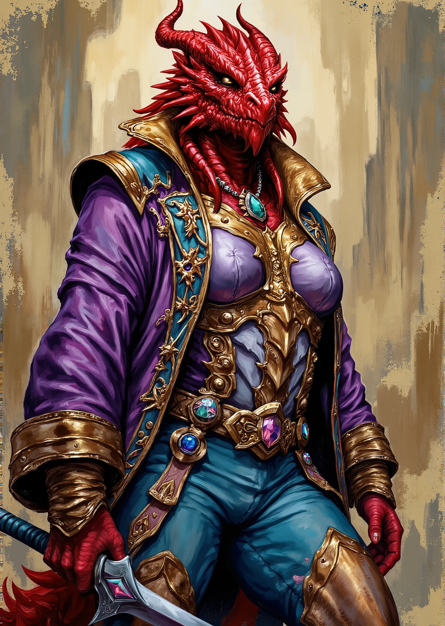 An extremely detailed comic book illustration of an extremely curvaceous Chromatic Red Dragonborn from Dungeons and Dragons which look like wingless bipedal dragons scaly bright-eyed and thick-boned with horns on their heads with red coloration trained as a Bard following the College of Dance from dungeons and dragons who invoke magic through music dance and verse and are masters of soothing hurts disheartening foes and creating illusions who wield remnants of the Words of Creation which still resound and glimmer on every plane of existence wearing a vibrant and eclectic outfit that conveys a sense of flamboyance and charisma with a form fitting vest richly adorned in gemstones featuring intricate patterns and embellishments worn open at the front to reveal a light flowing semi-sheer blouse that clings to her massive breasts underneath a flowing jacket with wide sleeves over the vest with a slightly longer back and is trimmed with ornate designs adding to its dramatic flair sporting various accessories including a decorative brooch on the left side of her chest which adds a touch of elegance and additional metallic details such as decorative beads along the sleeves and collar enhancing the overall opulence of the outfit over fitted trousers that are embellished with intricate designs and patterns which are tailored to fit snugly emphasizing her extremely long legs with metallic accents which tie in with the overall theme of luxury in an art style inspired by Frank Miller and Conan the Barbarian. The entire outfit is not only functional but also serves as a statement of individuality and flair, emphasizing the character's dynamic presence and charisma. The Background is awash in textured brushstrokes of metallic tones with pops of color in flashy gemstone shades. Standing in a dynamic action pose. Trending on Art Station.