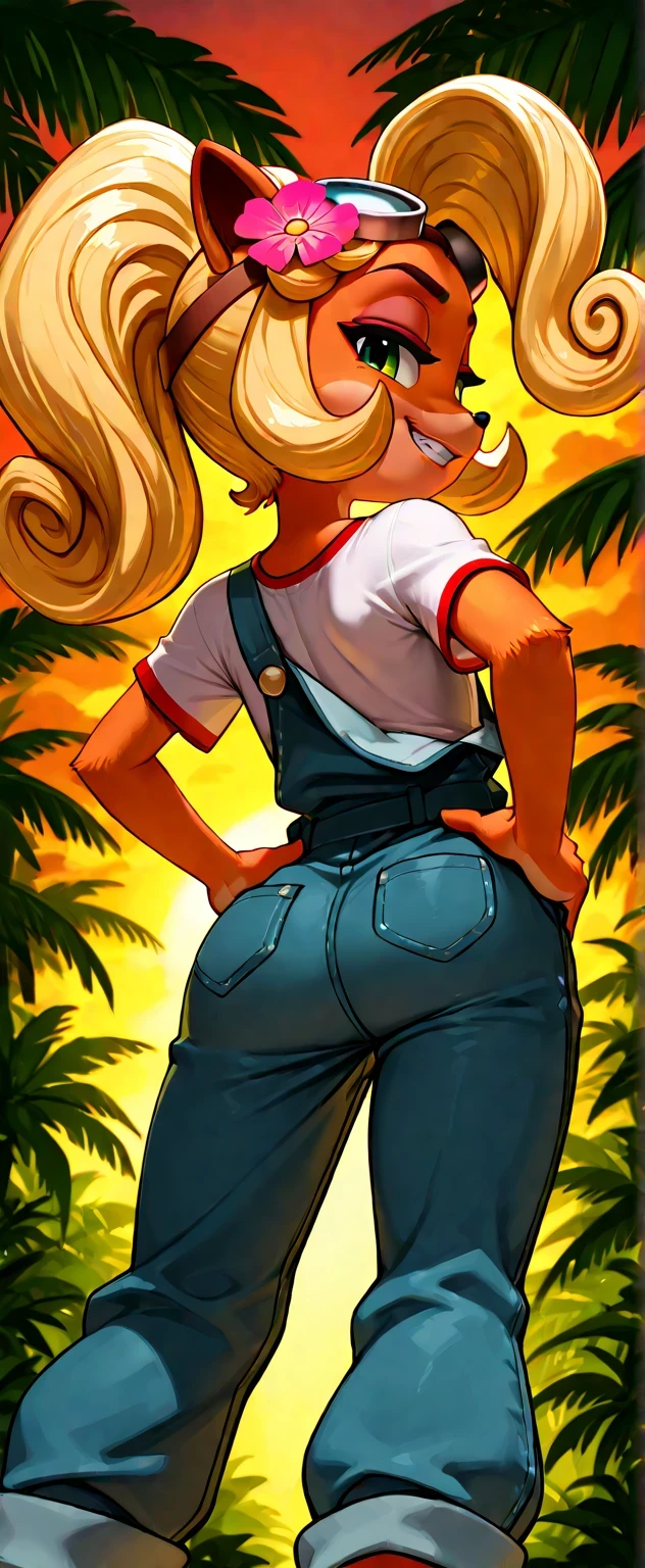 ((Coco bandicoot)), ((masterpiece)), ((high resolution)), ((solo portrait)), ((low angle)), ((back view)), {(attractive figure), (beautiful legs), (orange fur), (beige underbelly), (black nose), (cute green eyes), (short eyelashes), (blonde hair), (curly ponytail), (curly bang), (cute grin)}, {(white t-shirt with red lining), (overalls), (back pockets), (goggles on head), (pink flower in hair)}, {(standing), (hands on hips), (tilted hip), (looking back at viewer)}, ((tropical forest)), ((sunset))