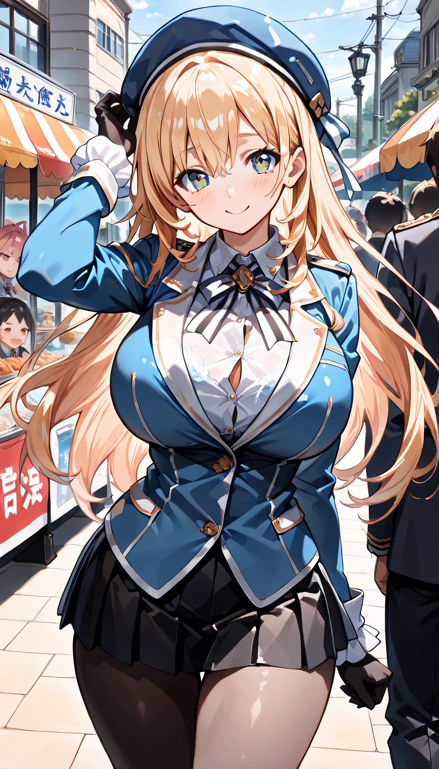 ((ultra-detailed)), (highly detailed CG illustration), (best quality:1.2), ultra-highly detailed, colorful composition, artistic photoshoot, 1girl, solo focus, ((thigh to top:1.3)), ((cowboy shot:1.3)), moe anime character, girl, dainty facial structure, (baby face), (round face), ((rounded chin:1.2)), ((ideal ratio body proportions)), atagokc, blonde, green eyes, long hair, bangs, hair between eyes, big breasts, blue hat, beret, thick thighs atagodefkc, blue military uniform skirt, ascott, blue jacket, black skirt, maxi skirt, black pantyhose, blue shoes, black gloves, ((smile)), ((blush:1.3)), ((standing on the President's Office:1.3)), from front, dynamic pose, contrapposto pose, best quality, expecting, pink cheek, blush, light pink gloss slip, portrait, depth of field, sparkling sunlight, lighting, backlighting, (shine), lighting, caustics, ray tracing, perfect face, lustrous skin, highly detailed face, highly detailed eyes, perfect face, perfect nose, perfect hair, perfect eyes, perfect anatomy, beautiful hair, beautiful small face, extremely detailed face, beautiful detailed eyes, beautiful clavicle, beautiful body, beautiful huge breasts, leavage, breasts squeezed together, equalize the size of the left and right breasts, beautiful thin thighs, beautiful legs, beautiful fingers, ((4 fingers)), 1 thumb, lovely, (very detailed background:1.0), (highly detailed background:1.0), summer aesthetic, intricate details, festival atmosphere, summer colors palette, chromatic aberration