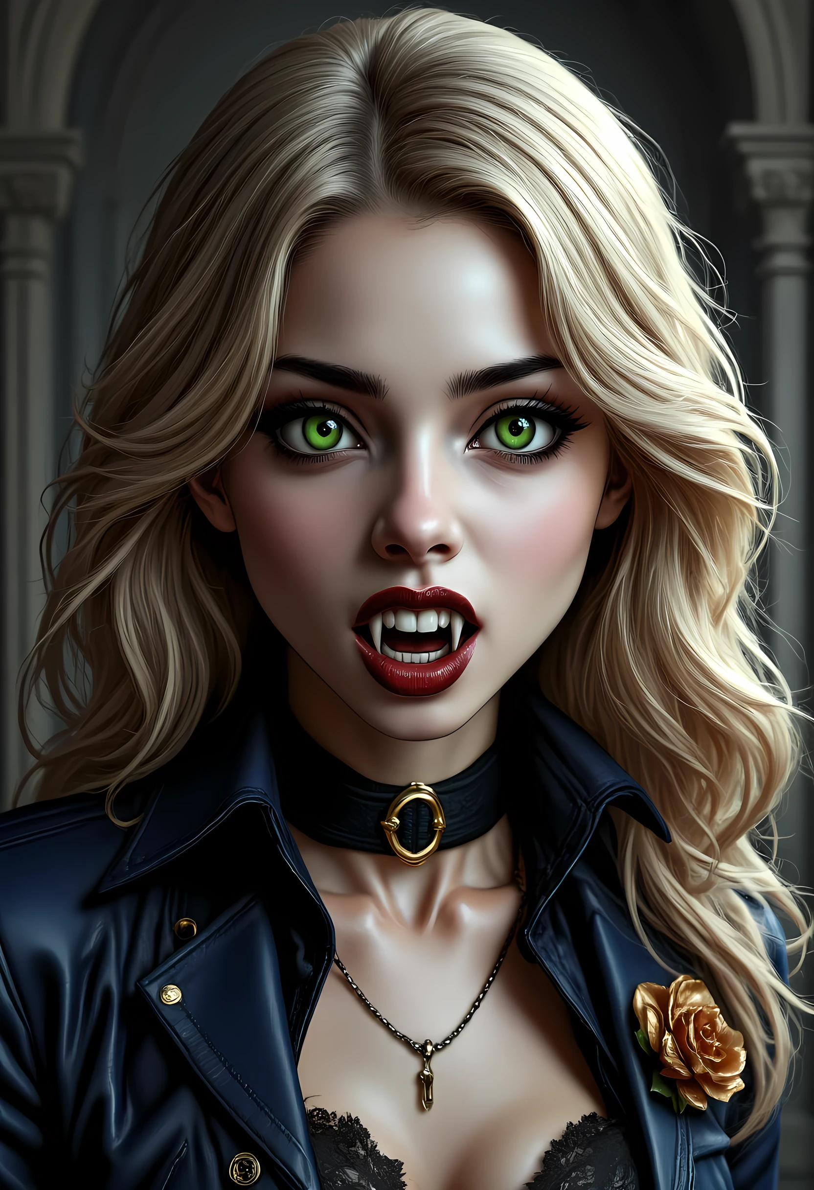 Arafed, a portrait of an vampire woman, full body shot, exotic beauty, long hair, gold hair, emerald green eyes, glowing eyes, vampire fangs, dark red lips, glamour shot, she wears an blue elegant suit, intricate suit. leather suit, small cleavage, gold rose, high heel boots, full body shot, 16k, ultra detailed, masterpiece, best quality, (extremely detailed), arafed, dnd art hyp3rd3tail style, Dracula