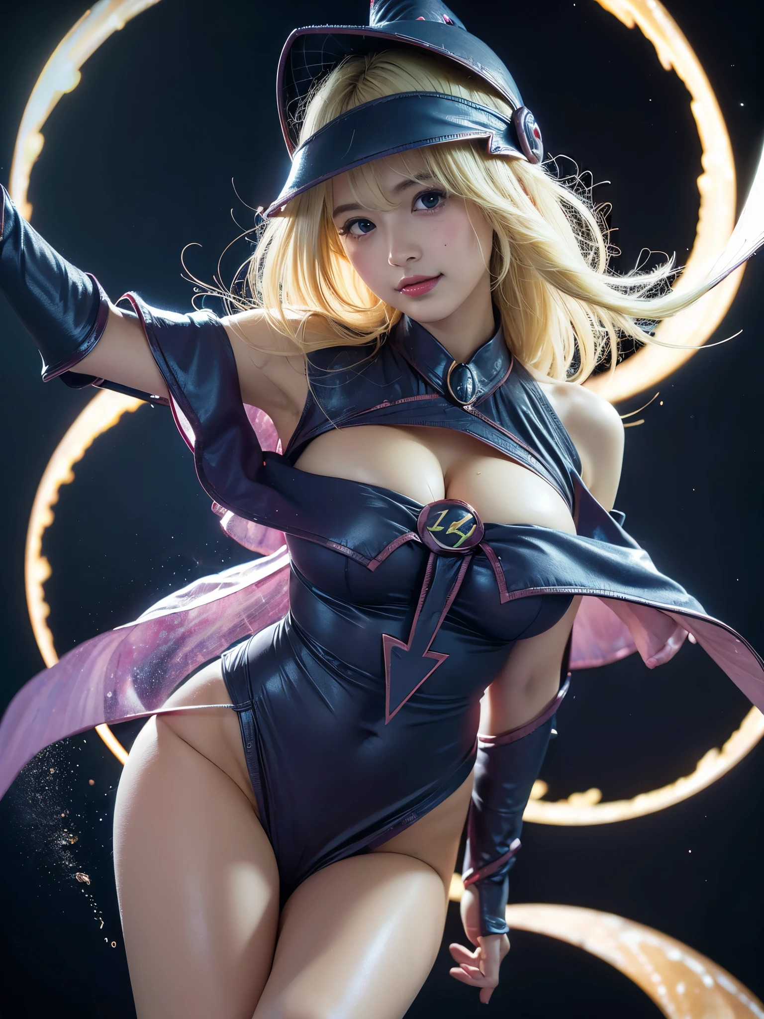 ((World of Darkness)),Professional , masterpiece、top-quality、photos realistic , depth of fields 、(((Fight dragons))),(Dragon Black Metal Body:1.9),(latexwhite、(cleavage of the breast),(Fight dragons)、(((Particles of light))),(Micro Bikini Armor:1.7),Gorgeous gold weapons ,(Fight dragons)、Seductive look、The face of the dragon is out、(blood splattere、Armpit、((((With a magic wand))), ) , (((Wearing a black latex wizard hat))),(demonic wings) ,((a blond))、(Castle background)、((Gangle's forest background))、Beautiful Caucasian beauty、1a person、Armpit、dynamic ungle,(((Detailed Dragon Wizard Hat)))、Smaller head、A smile、Castle background、Thin and beautiful female hands、cleavage of the breast、Soldier in iron armor on background、Mystical expression、Light Effects、intense fighting、Wind-effect、magic circles、With the legendary magic wand、Dragon's tail、explosions、Toostock、Toostock、(Beautuful Women),aFull body angle、