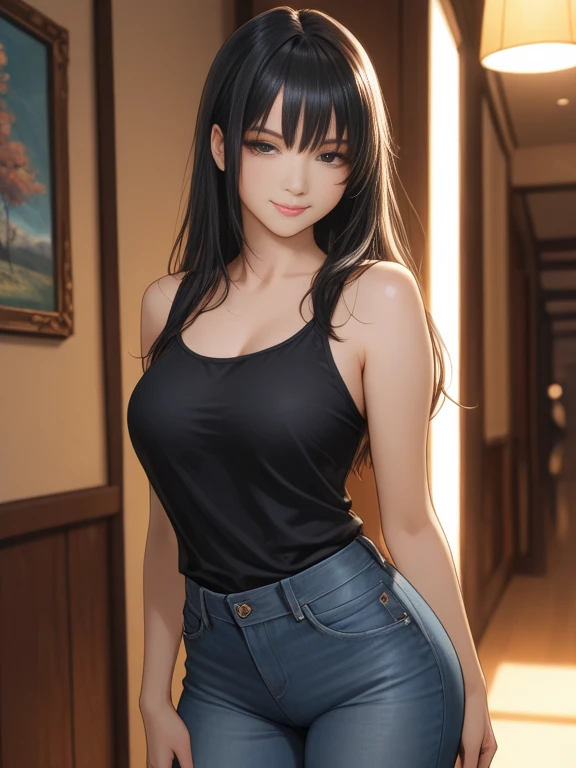 (top-quality、tmasterpiece、high resolution、super high image quality), 1girl, 8K, Rei Himiyama, Amakano, dark purple hair, long hair, straight hair to the waist, perfect figure, 20 years old, F Cup, big butt, green eye, (clear eye white part), spy，Stealth attire，black tight clothes，office desk，purple hair