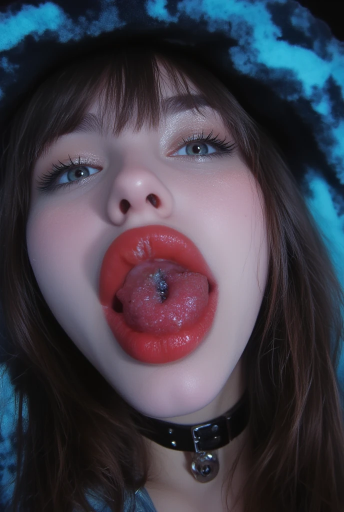 ((ultra high res.photorealistic:.1.4,UHD)) Best quality, masterpiece,photorealestic,1girl,solo, full body, kneeling,looking at viewer, blush, lips,open_mouth,microphone,tongue,tongue_out
