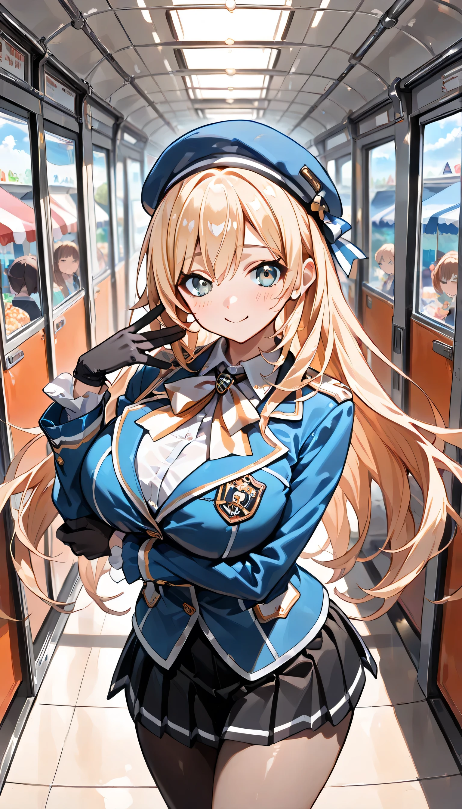 ((ultra-detailed)), (highly detailed CG illustration), (best quality:1.2), ultra-highly detailed, colorful composition, artistic photoshoot, 1girl, solo focus, ((thigh to top:1.3)), ((cowboy shot:1.3)), moe anime character, girl, dainty facial structure, (baby face), (round face), ((rounded chin:1.2)), ((ideal ratio body proportions)), atagokc, blonde, green eyes, long hair, bangs, hair between eyes, big breasts, blue hat, beret, thick thighs atagodefkc, blue military uniform skirt, ascott, blue jacket, black skirt, maxi skirt, black pantyhose, blue shoes, black gloves, ((smile)), ((blush:1.3)), ((standing on the President's Office:1.3)), from front, dynamic pose, contrapposto pose, best quality, expecting, pink cheek, blush, light pink gloss slip, portrait, depth of field, sparkling sunlight, lighting, backlighting, (shine), lighting, caustics, ray tracing, perfect face, lustrous skin, highly detailed face, highly detailed eyes, perfect face, perfect nose, perfect hair, perfect eyes, perfect anatomy, beautiful hair, beautiful small face, extremely detailed face, beautiful detailed eyes, beautiful clavicle, beautiful body, beautiful huge breasts, leavage, breasts squeezed together, equalize the size of the left and right breasts, beautiful thin thighs, beautiful legs, beautiful fingers, ((4 fingers)), 1 thumb, lovely, (very detailed background:1.0), (highly detailed background:1.0), summer aesthetic, intricate details, festival atmosphere, summer colors palette, chromatic aberration