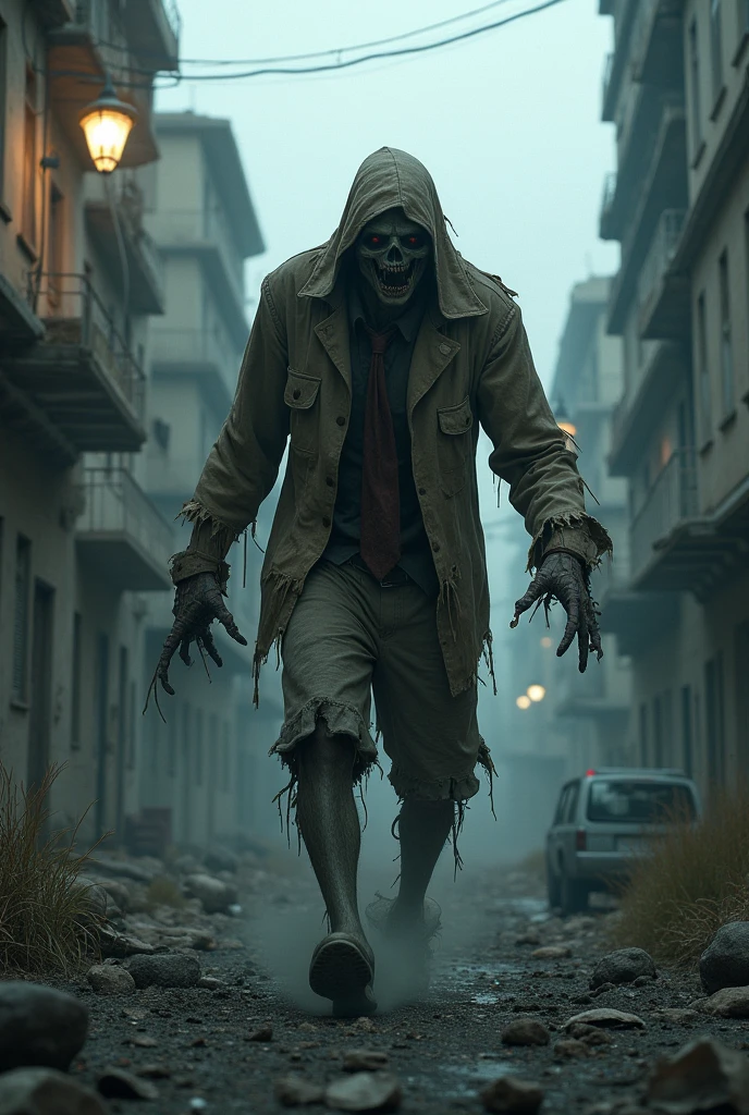 a giant hand monster with large teeth in the middle of its palm, walking on an abandoned street filled with fog, highly detailed, photorealistic, intricate details, dark and gloomy atmosphere, cinematic lighting, horror style, moody color palette, dramatic composition