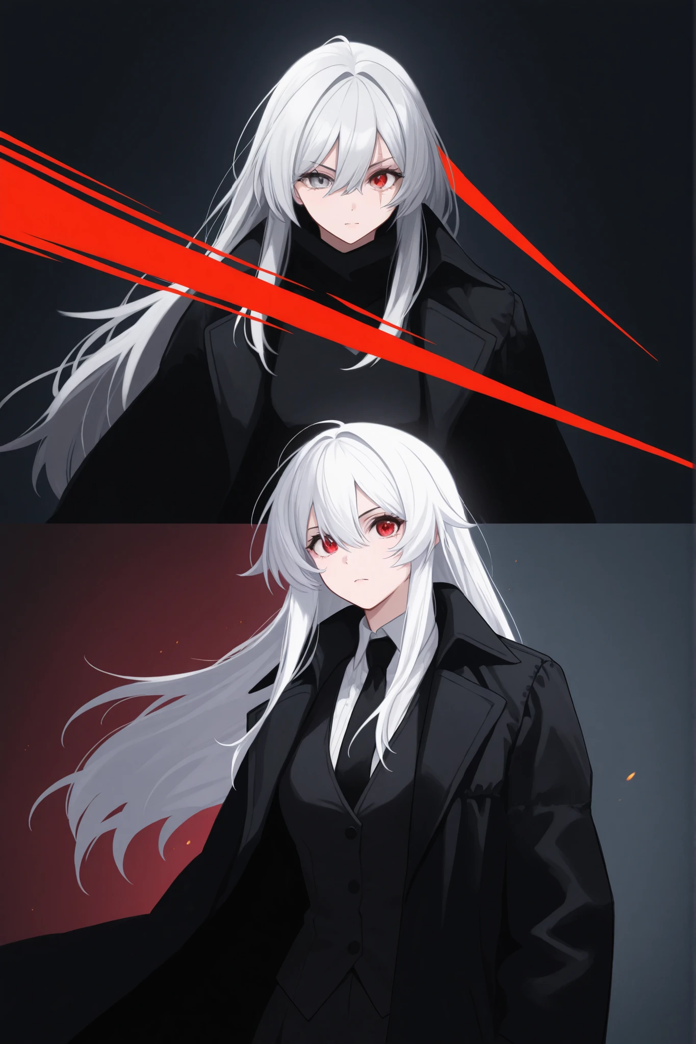 a tall white hair girl, around 20 years old, left eye is grey while right eye is red with a scar on the right side, black coat, black woman vest, black tie, have black color at some top of hair, just create 1 girl
