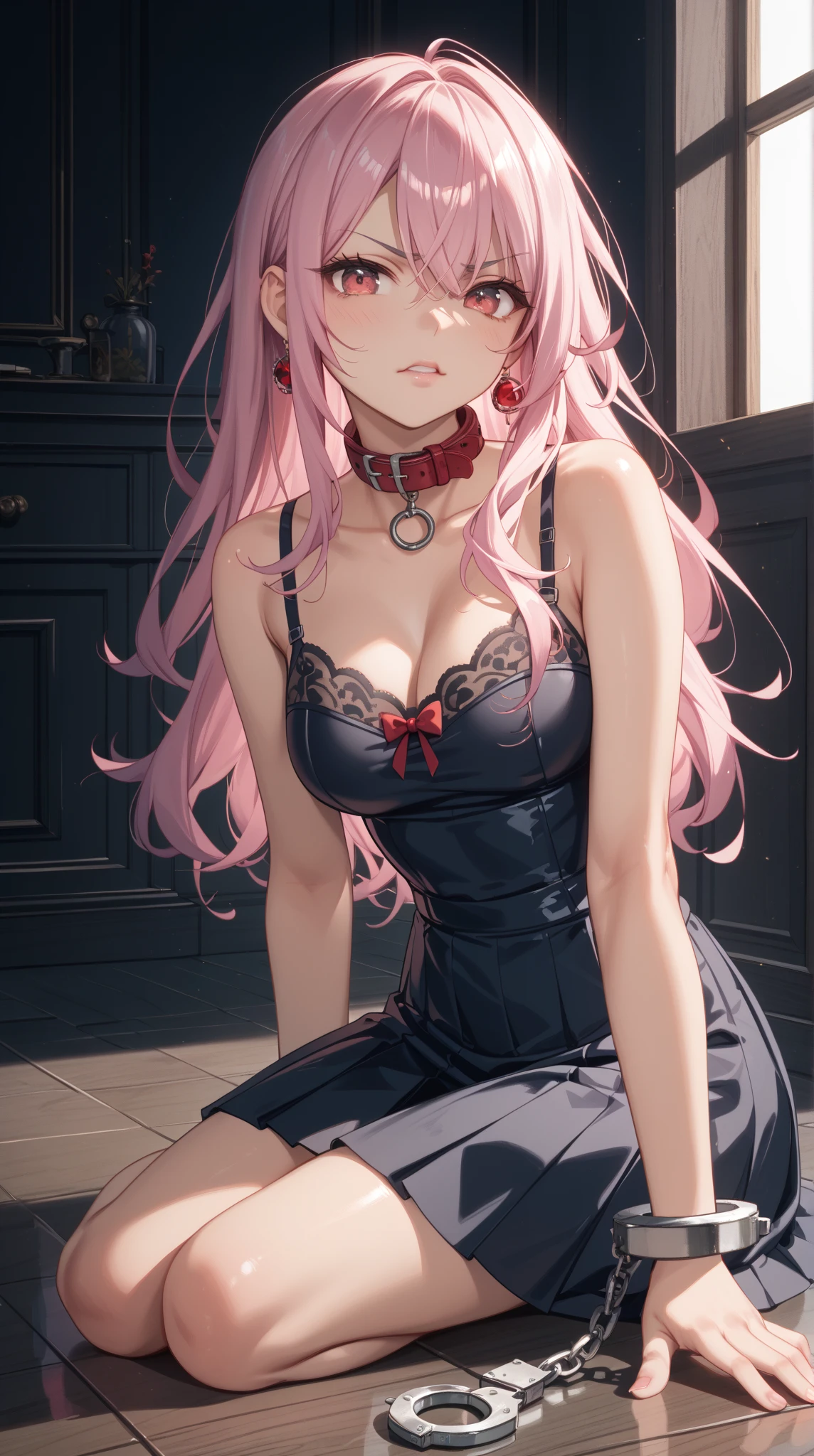 High quality, masterpiece, ultra-detailed, highly detailed outfit, choker, without bra, very tight cocktail dress, sleeveless, garter straps, white stockings, 1girl, solo, peaceful expression, long pink hair, fox ears, enchanting green eyes, ridiculously large breasts, bedroom