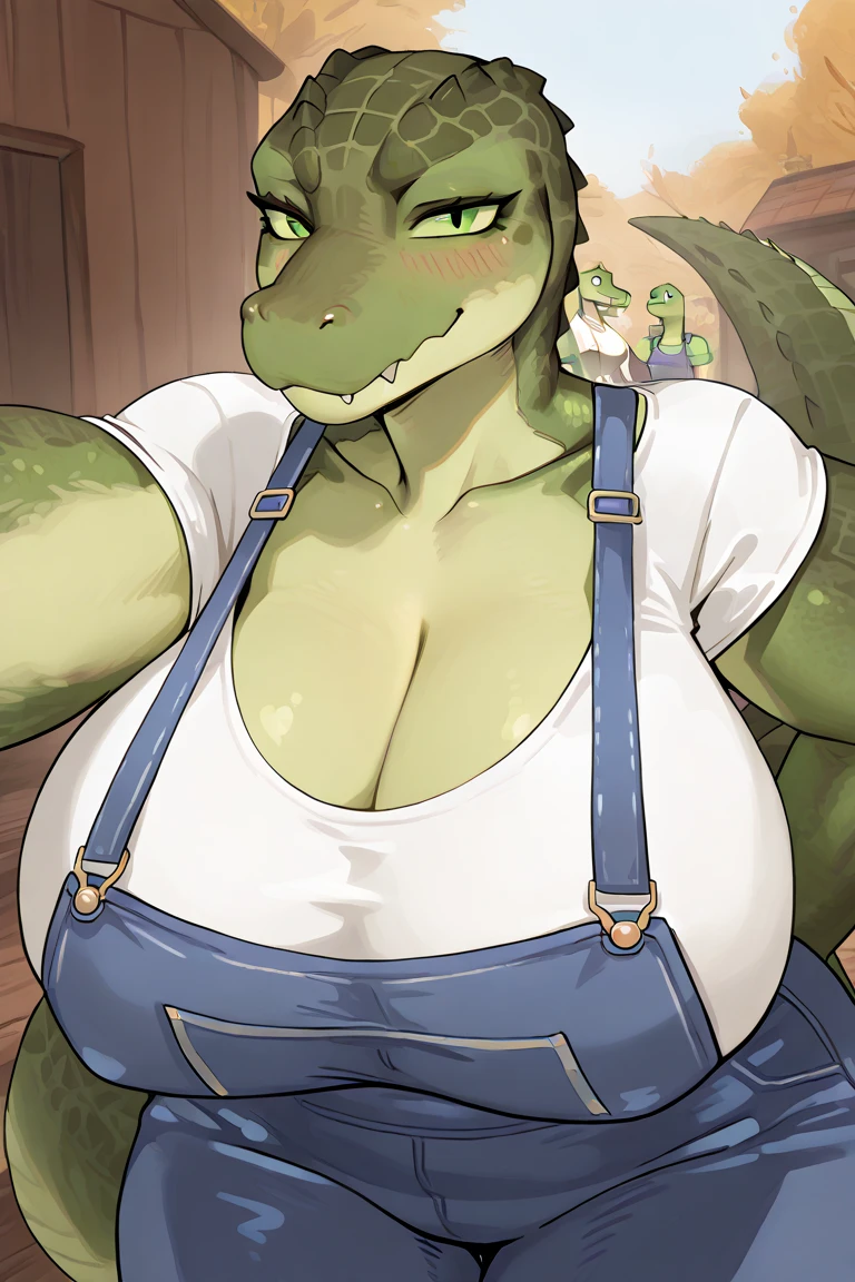 solo, 8k, fine details, (ultra detailed), a beautiful and detailed full size portrait of a female anthro lizard, scalie, reptile, seheno, ((green body, beige skin)), detailed eyes, tail, bedroom eyes, High Dynamic Range, cinematic shot, detailed eyes, big body goddess, kenket, Ross Tran,ruan jia, vip, trending on artstation,foxovh, cenematic lighting, big breaths, big breaths, big boobs, big boobs, big , looking at viewer, (((nude, open mouth, covering crotch, knock knees))) smile, full body, front view, standing, pose, exterior, farm field, fence, detailed background, Vader-san