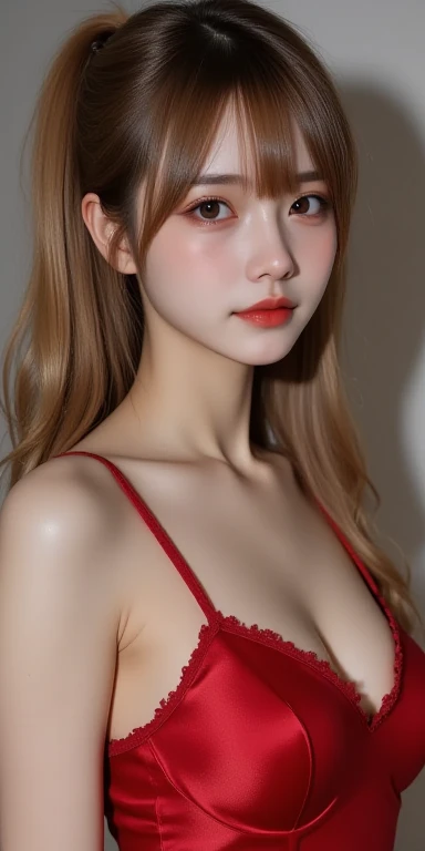 detailed woman face looking at the camera, dark-brown eyes, (((almond eyes))), hot (((thick red lips))), mouth open with sensuality, correct deformed fingers, photorealistic, (((eyes to the camera))), slightly smiling, (((red hair))), (((Asian face)))