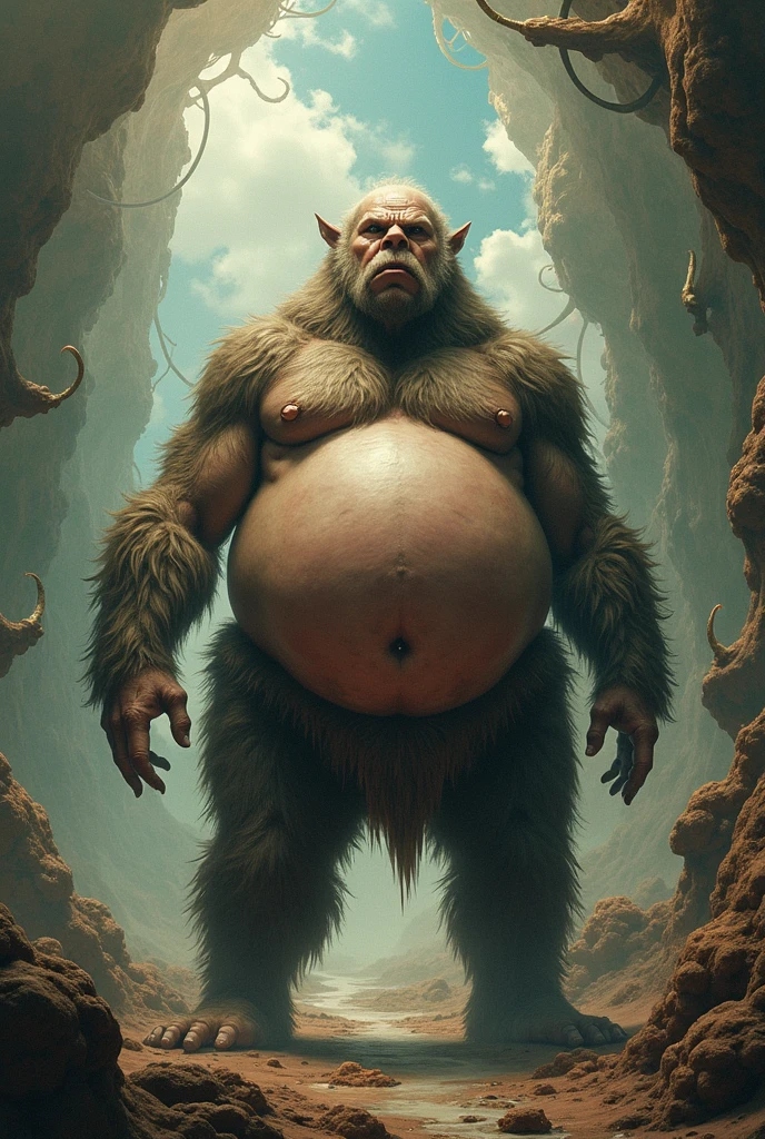 An obese naked werewolf man, standing wearing only a vest, hard dick showing