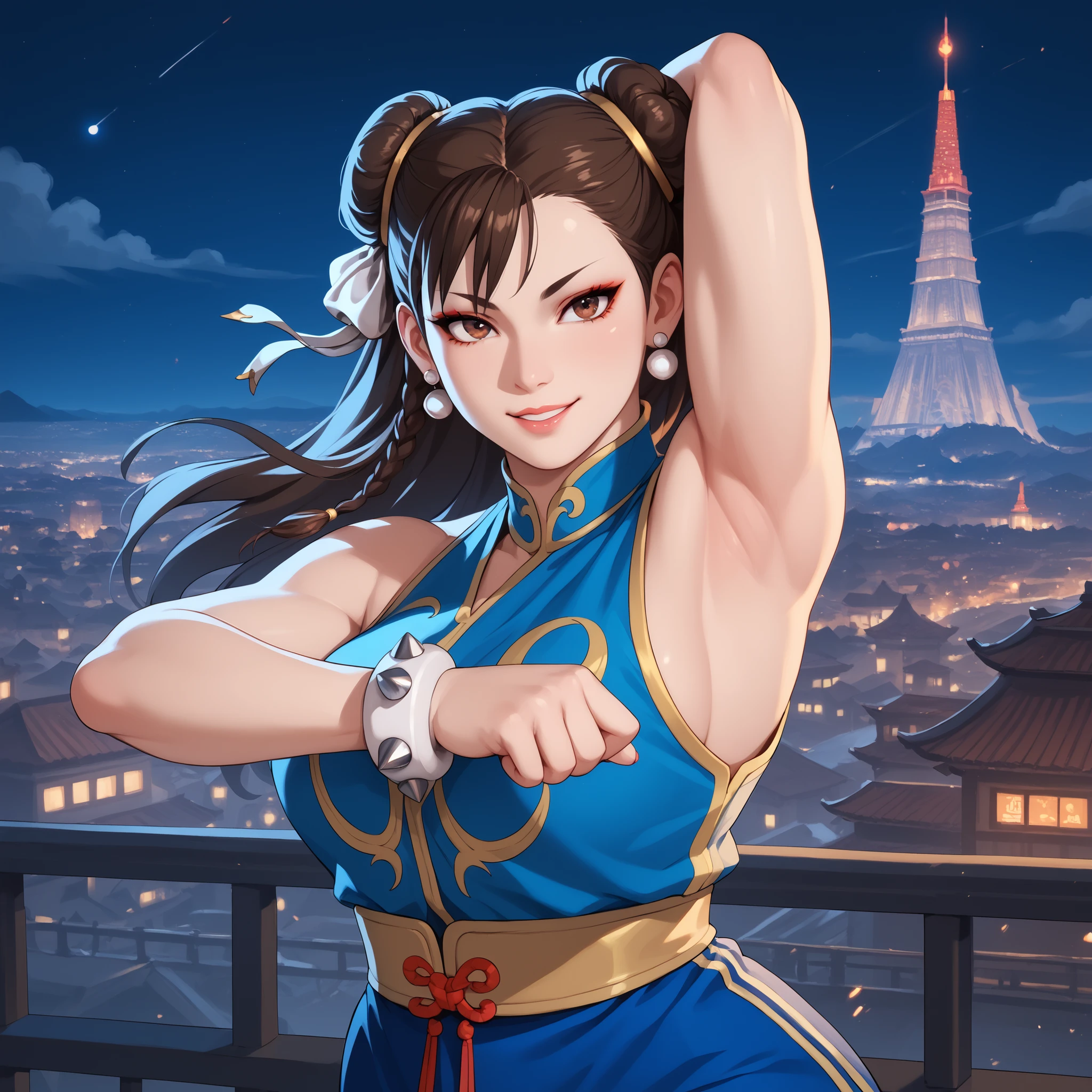 chun li, brown hair, brown eyes, long hair, white bracelets , neck, dynamic pose,seductive smile, looking at the spectator, night, urban landscape, lip,, raising her arms at the sides, armpits, curvy body, gordita, chubby, tank top