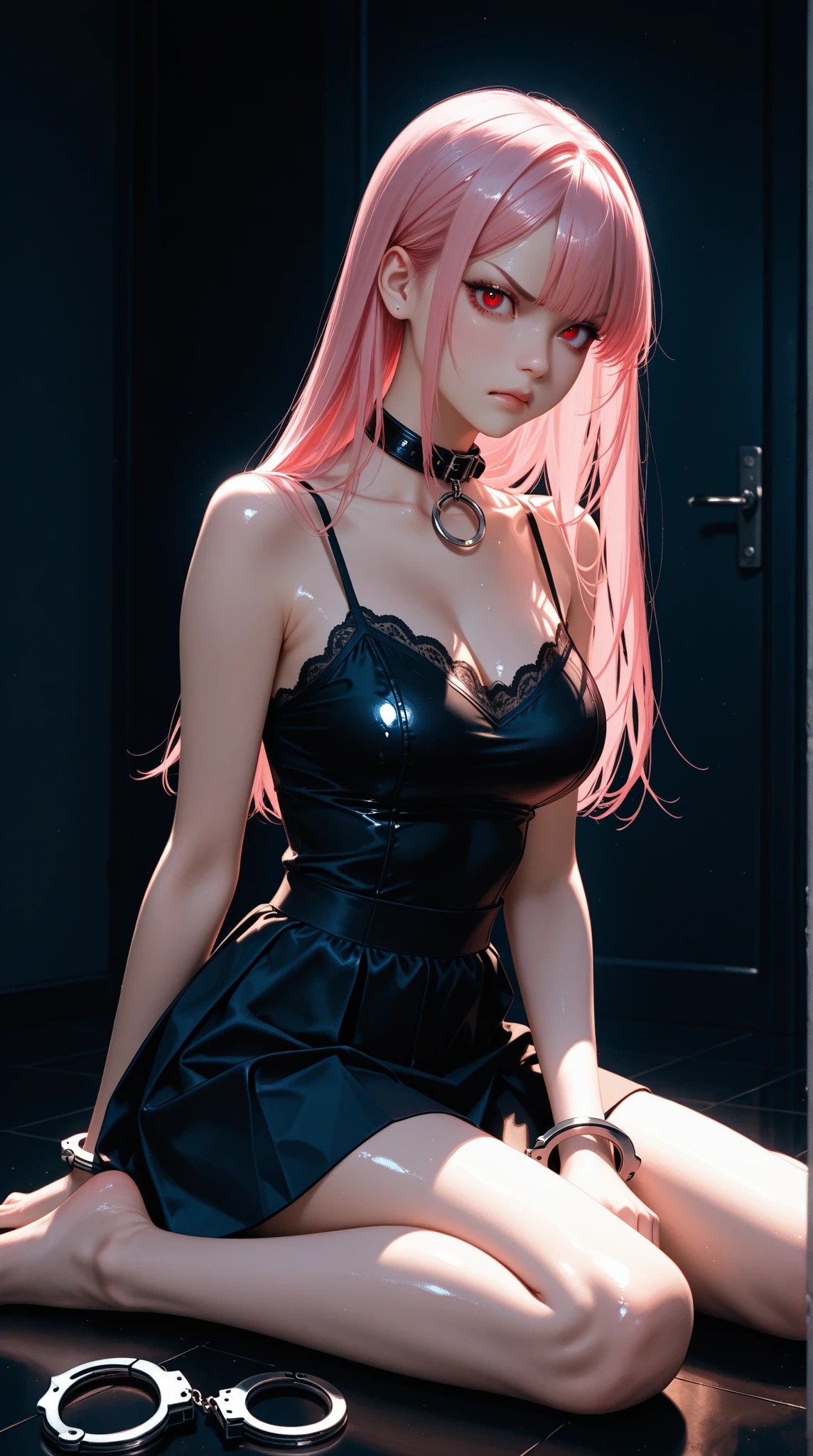 concept arts，Wisps of overhead angles，Wear Davis leather with sexy outfits featuring black leather and metal accessories，Strawberry pink hair is styled for medium long hair，Glossy black succubus horn decoration，Equirectangular columnar 360，high - resolution，[（The art of Willie Baumeister：1.1），（John T.Biggs' art：1.2）：：17]，officlal art，Unity 8k wallpaper，Ultra Verbose，aesthetics，The Masterpiece，best qulity，lifelike