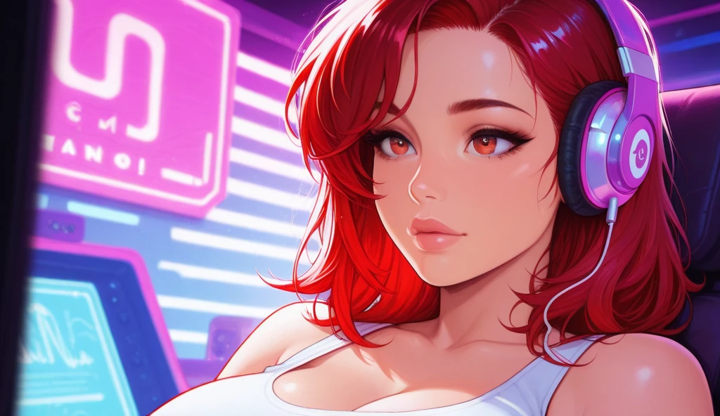 realistic, masterpiece, ray tracing, ponytail, bikini, tight clothing, sleeveless, huge breasts, cleavage, red lipstick, black hair, blue eyes, wide hips, thick thighs, muscles, abs, action pose, pretty face, on top of hill, watching sunset, stars, night sky