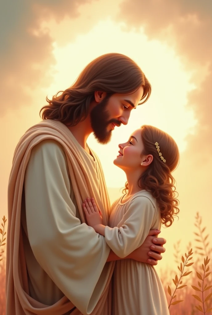 jesus, with a crown of thorns, is in heaven lovingly hugging a child. The background is serene and heavenly, with soft clouds and a radiant light that illuminates the scene. O olhar de jesus é gentil e cheio de amor, and the child smiles with confidence and joy. The atmosphere is one of peace and comfort, reflecting a moment of deep connection and compassion."