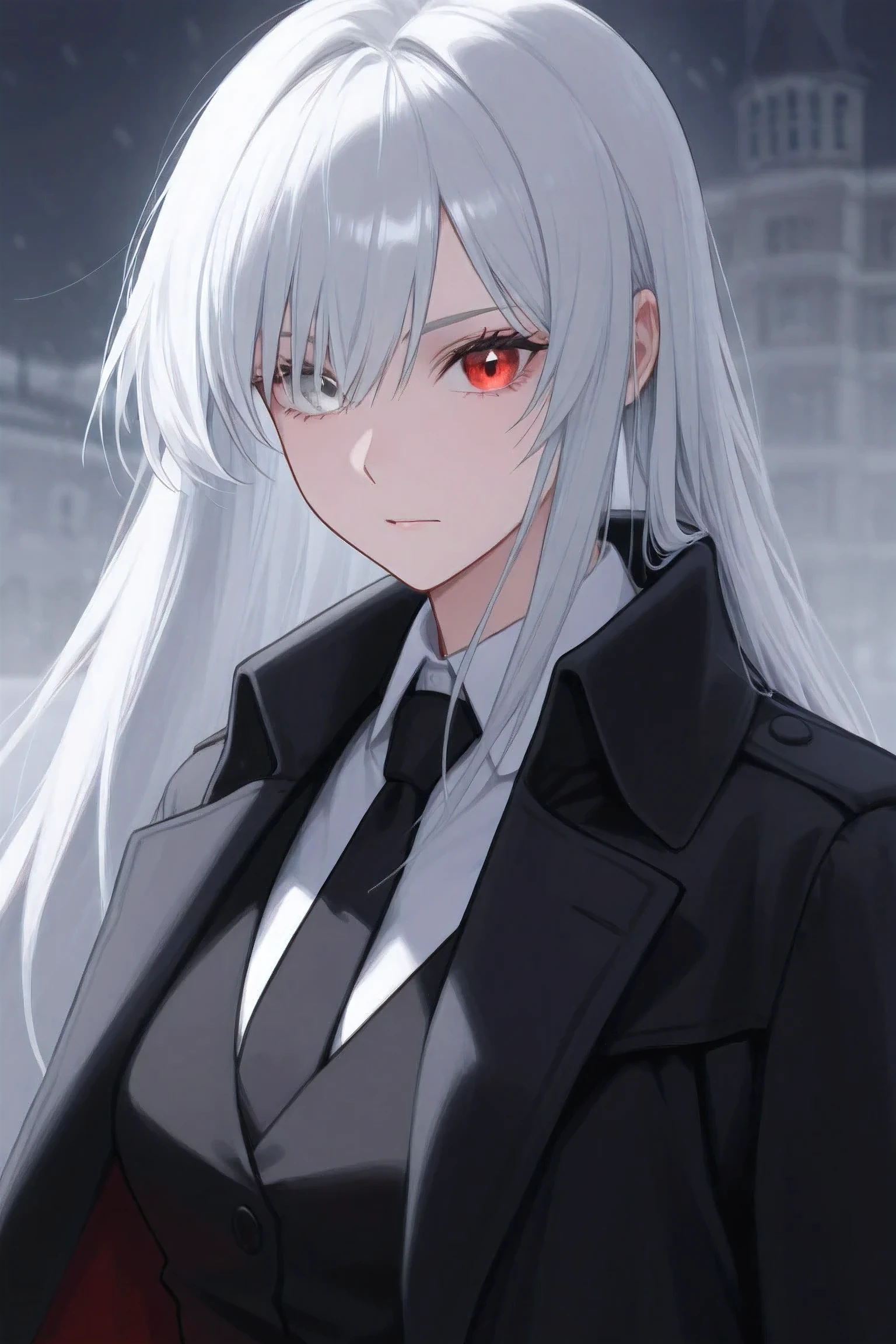 a tall white hair girl, around 20 years old, left eye is grey while right eye is red, black coat, black woman vest, black tie, have black color at some top of hair, just create 1 girl