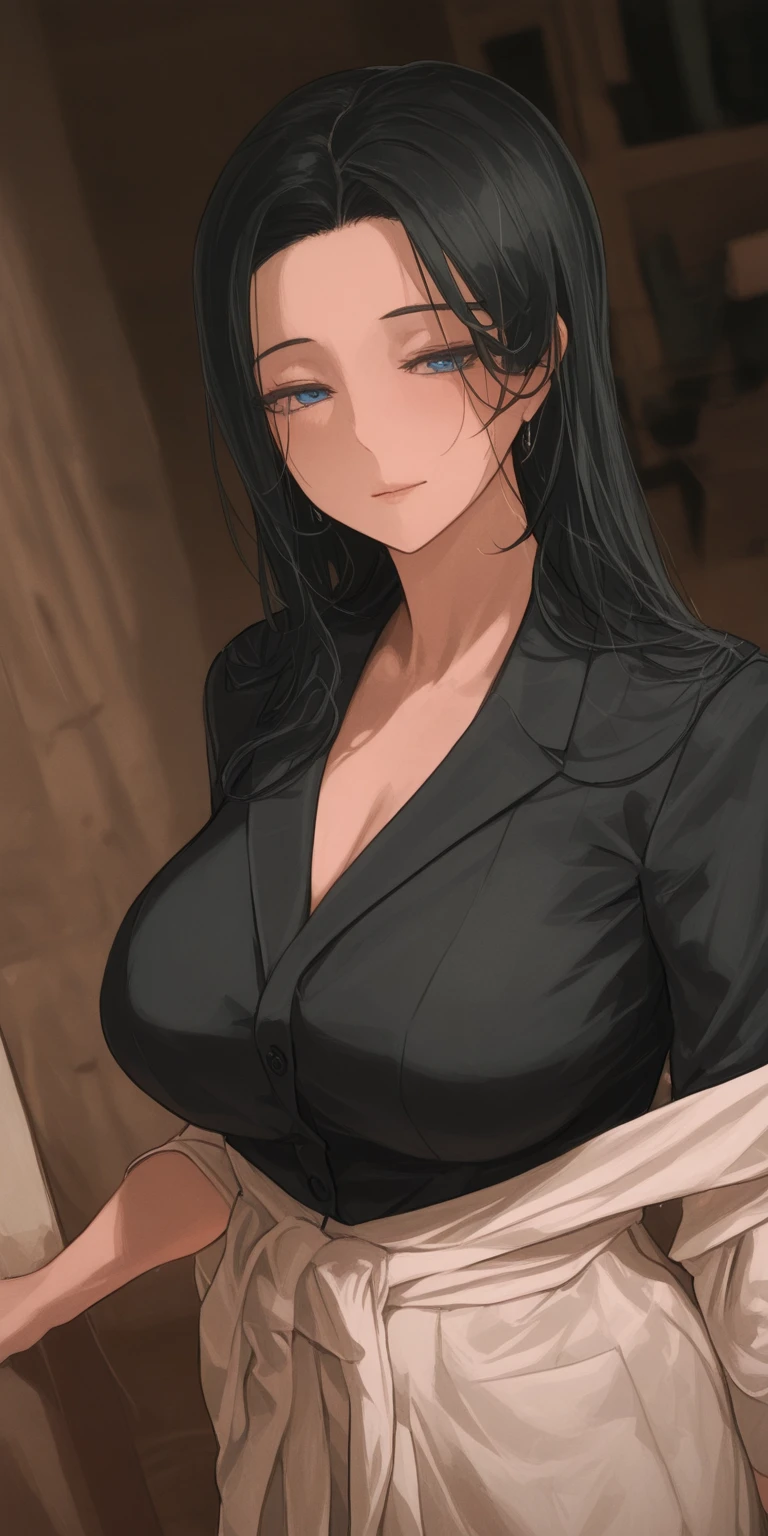 elegant adult woman, narrowed eyes, (black hair), long hair, (blue eyes), office indoors, office white shirt, portrait, upper body, curvaceous, 4k resolution, high quality, neutral expression,
