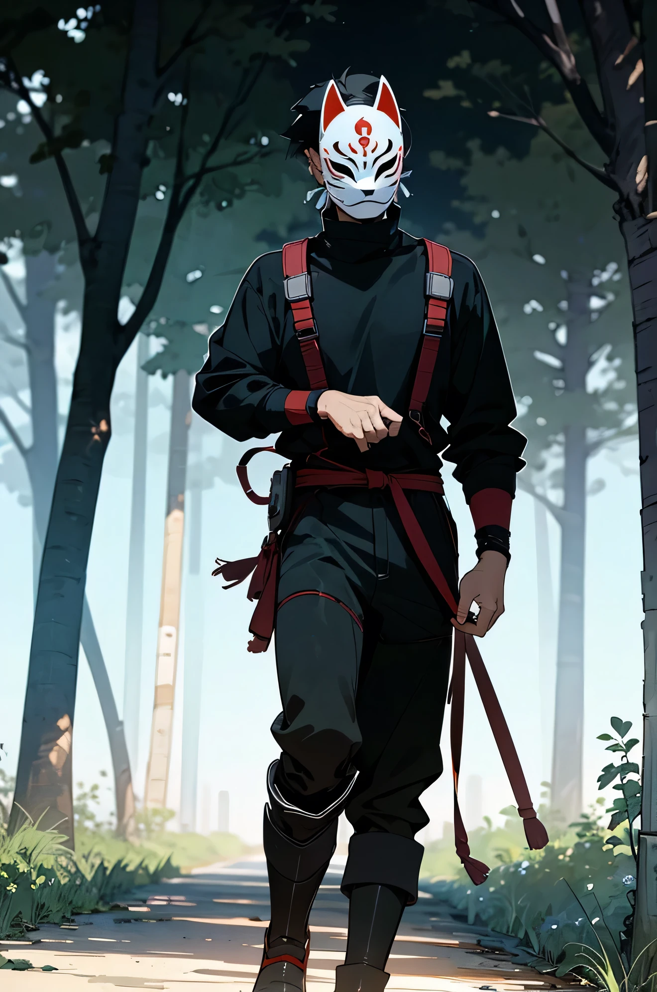 1male, ((solo)), Black Hair, short spike hair, Black Eyes, Serious Expression, Male, Black skin color Black Longsleeve Shirt, Fitted Clothing , Black Turtleneck , Bright Lightning , Forest Background , Standing on path , Mask , (Mask Worn on Face), (ANBU MASK), MASTERPIECE, HIGH QUALITY